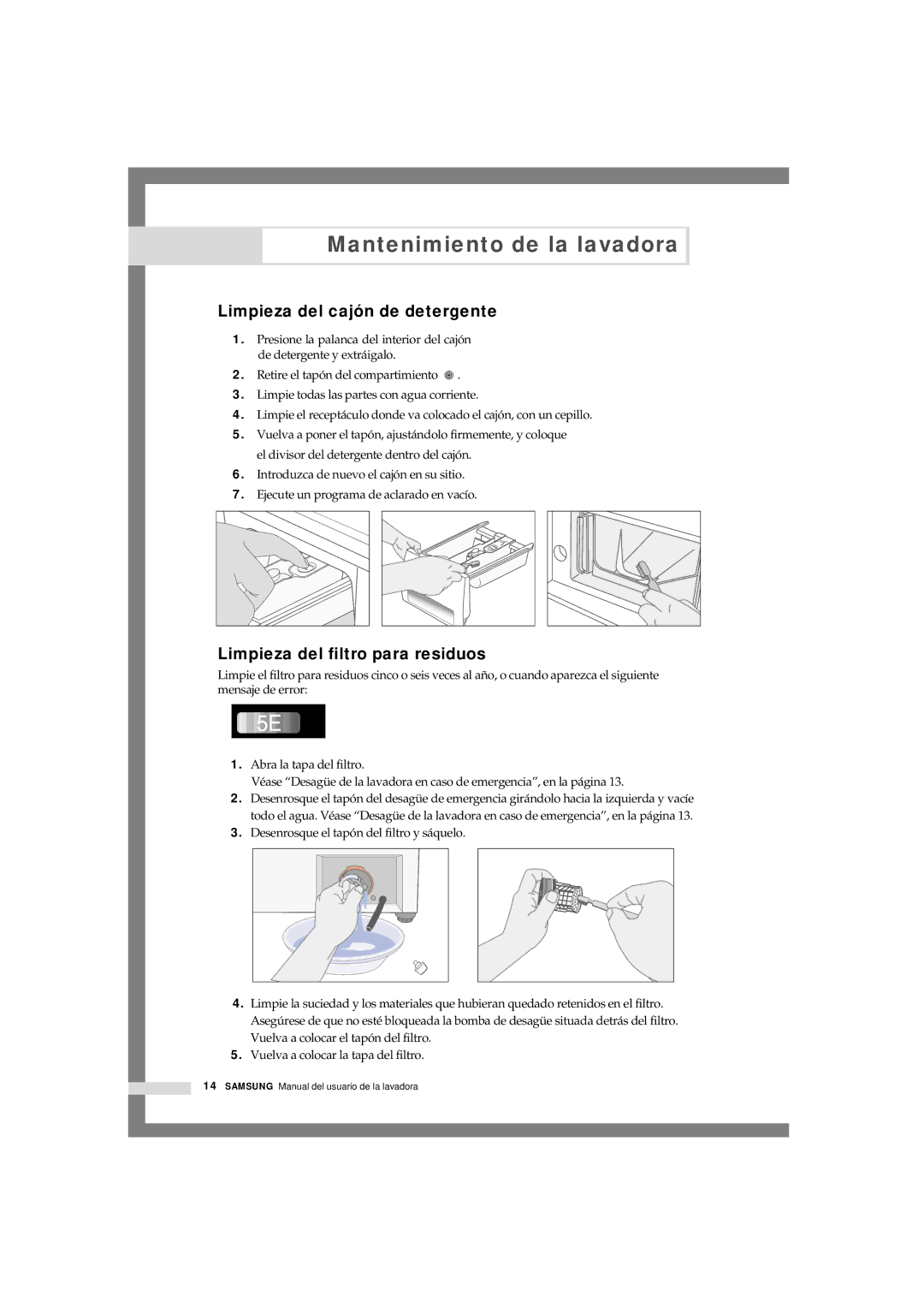 Samsung Q844GW1/XEC, Q844GW/XEC, Q1044GW1/XEC manual Limpieza del cajón de detergente, Limpieza del filtro para residuos 