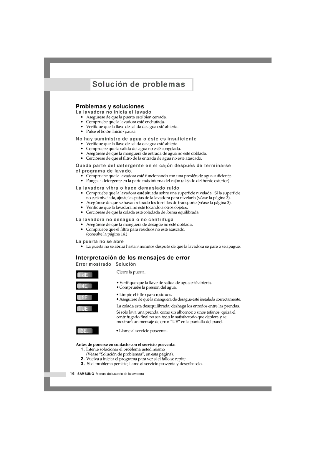 Samsung Q1044GW1/XEC, Q844GW1/XEC Solución de problemas, Problemas y soluciones, Interpretación de los mensajes de error 