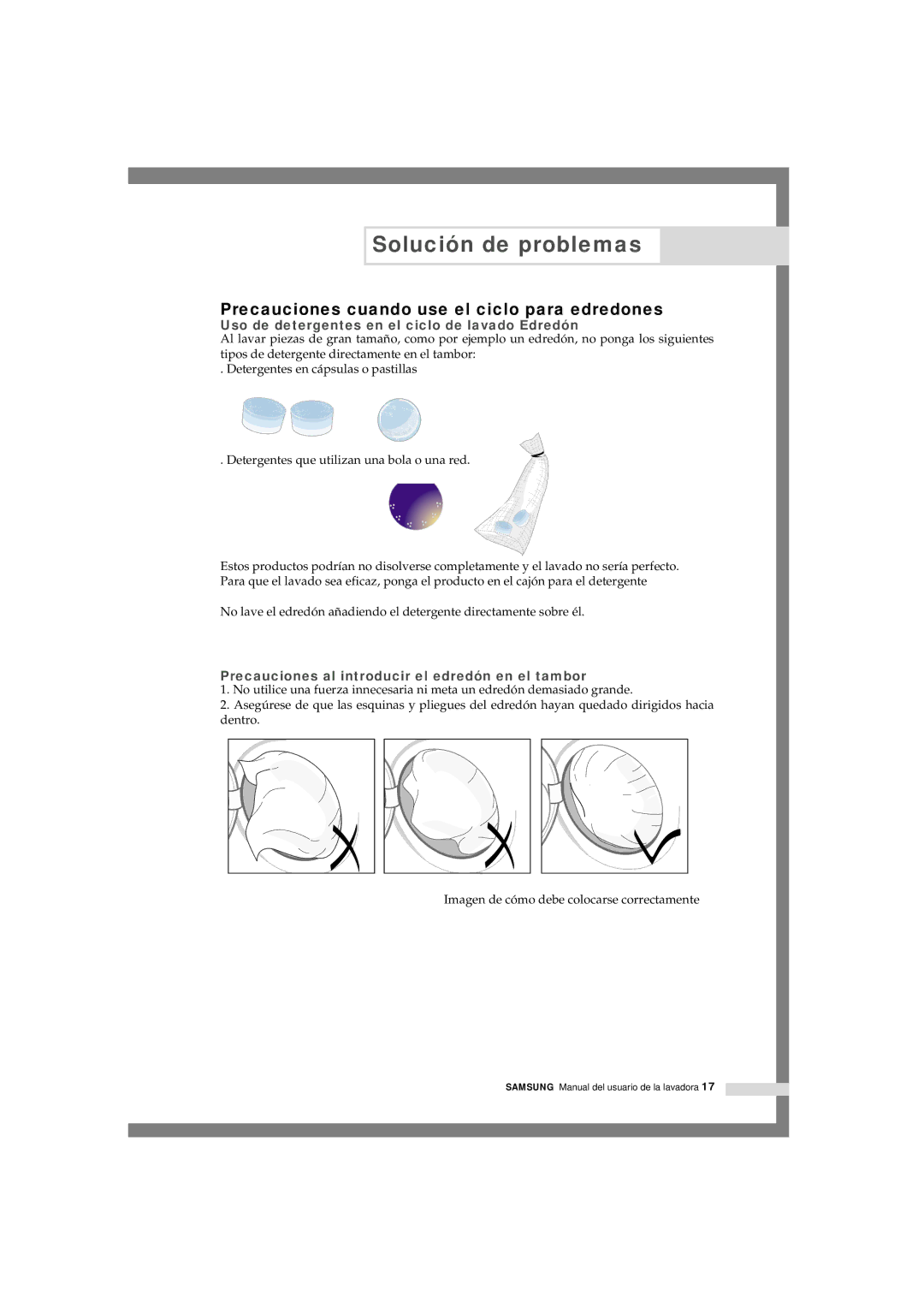 Samsung Q1044GW/XEC Precauciones cuando use el ciclo para edredones, Uso de detergentes en el ciclo de lavado Edredón 