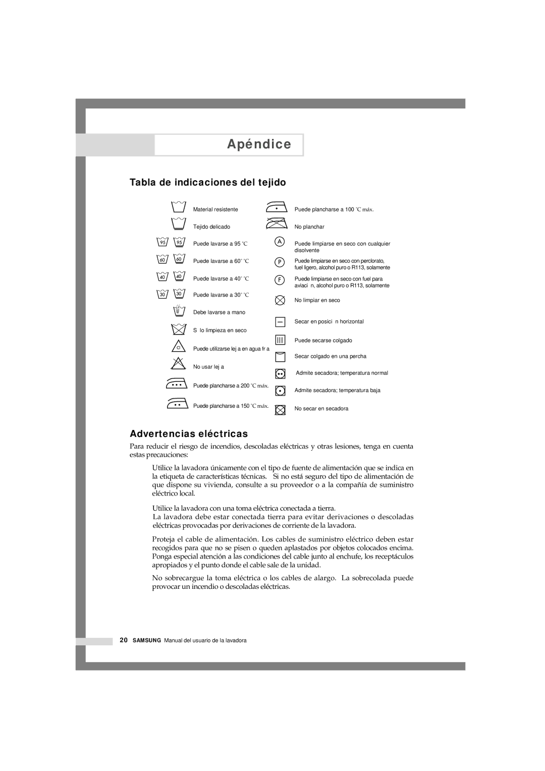 Samsung Q1044GW-XEC, Q844GW1/XEC, Q844GW/XEC, Q844GW-XEC Apéndice, Tabla de indicaciones del tejido, Advertencias eléctricas 