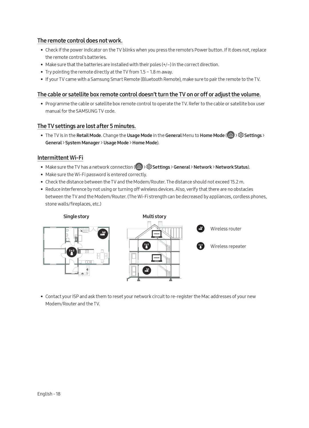 Samsung QA65Q7CAMRXUM manual Remote control does not work, TV settings are lost after 5 minutes, Intermittent Wi-Fi 