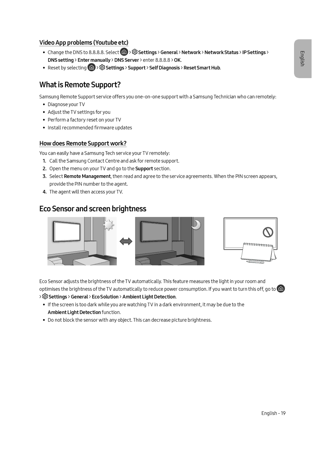 Samsung QA55Q7CAMRXUM manual What is Remote Support?, Eco Sensor and screen brightness, Video App problems Youtube etc 