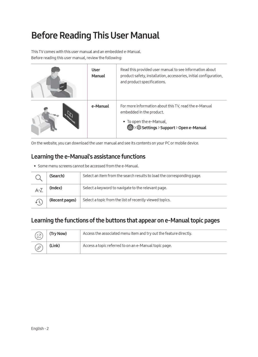 Samsung QA65Q7CAMRXUM, QA55Q7CAMRXUM manual Learning the e-Manuals assistance functions 