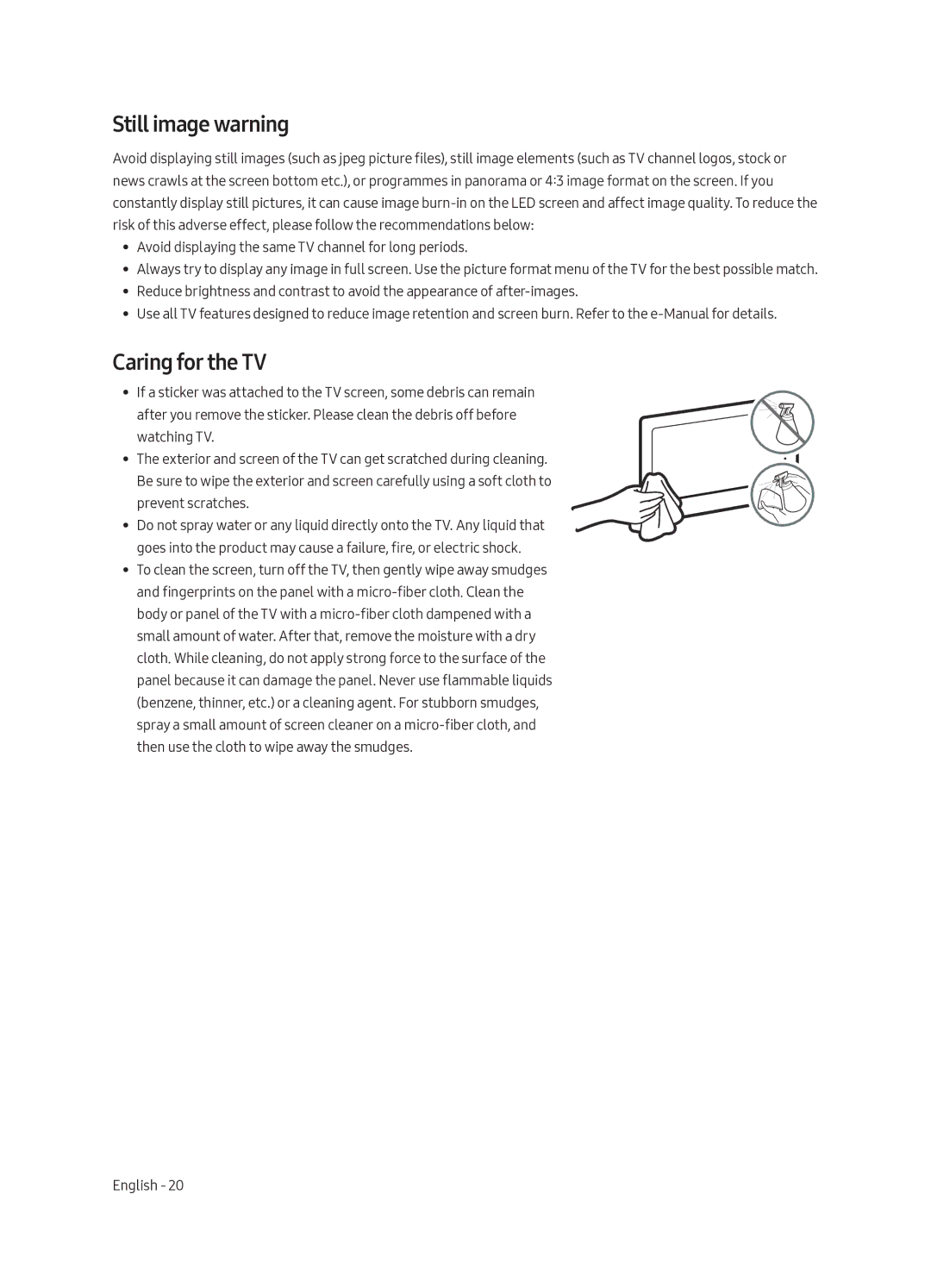 Samsung QA65Q7CAMRXUM, QA55Q7CAMRXUM manual Still image warning, Caring for the TV 