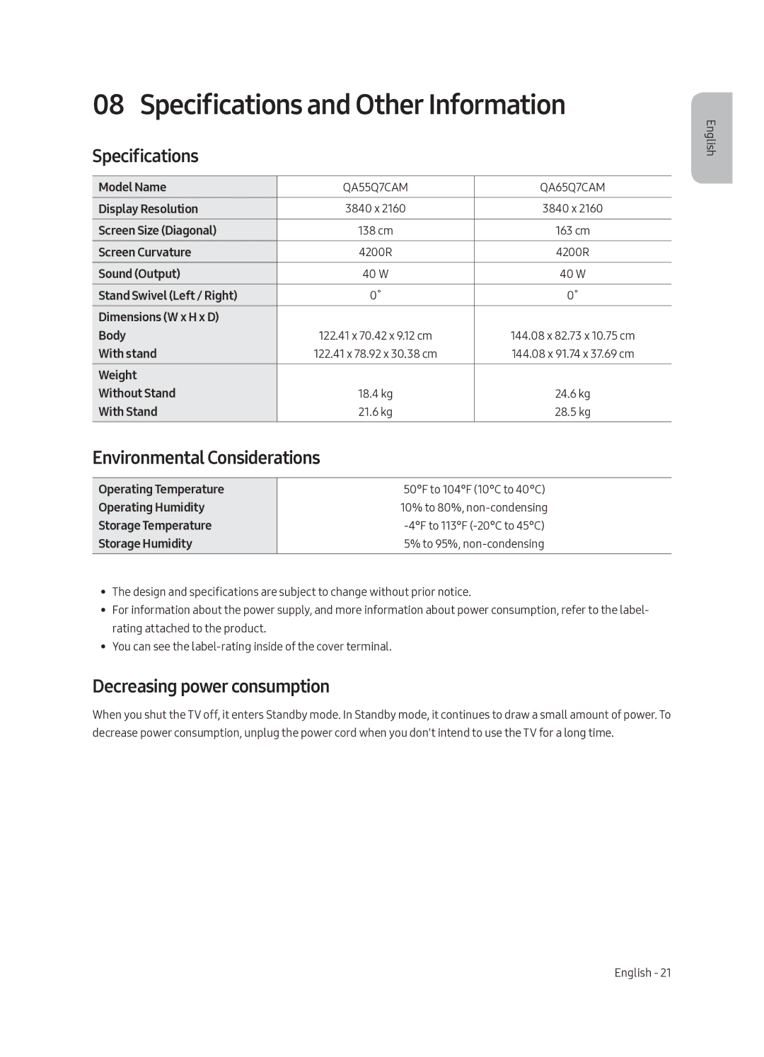 Samsung QA55Q7CAMRXUM Specifications and Other Information, Environmental Considerations, Decreasing power consumption 