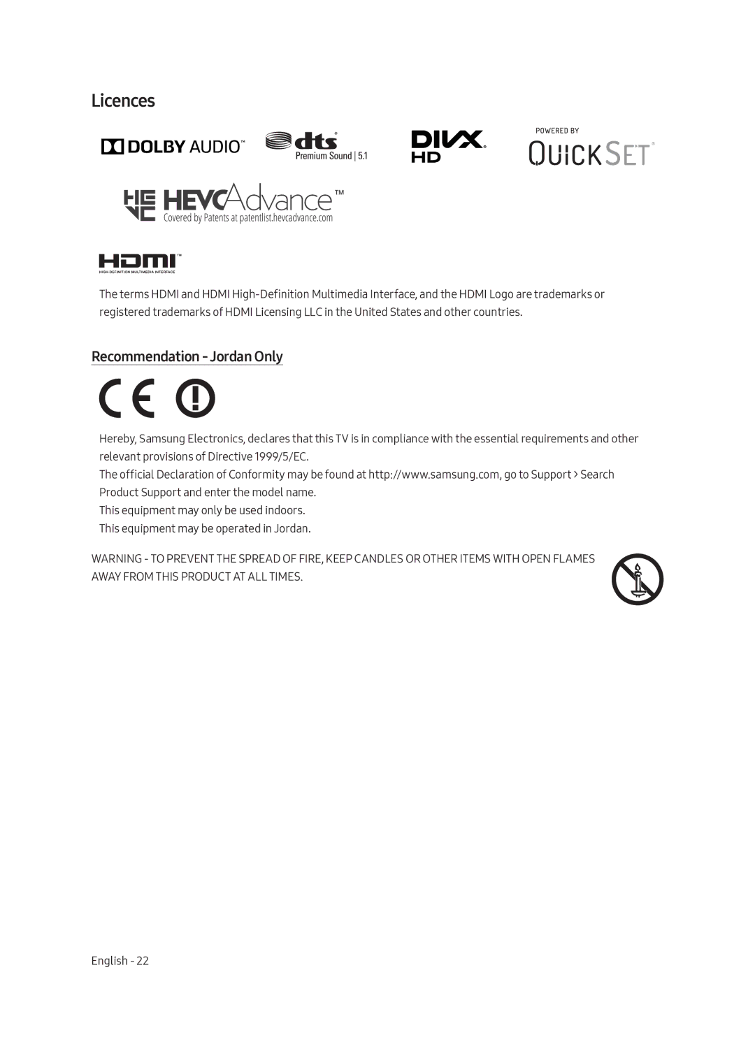 Samsung QA65Q7CAMRXUM, QA55Q7CAMRXUM manual Licences, Recommendation Jordan Only 