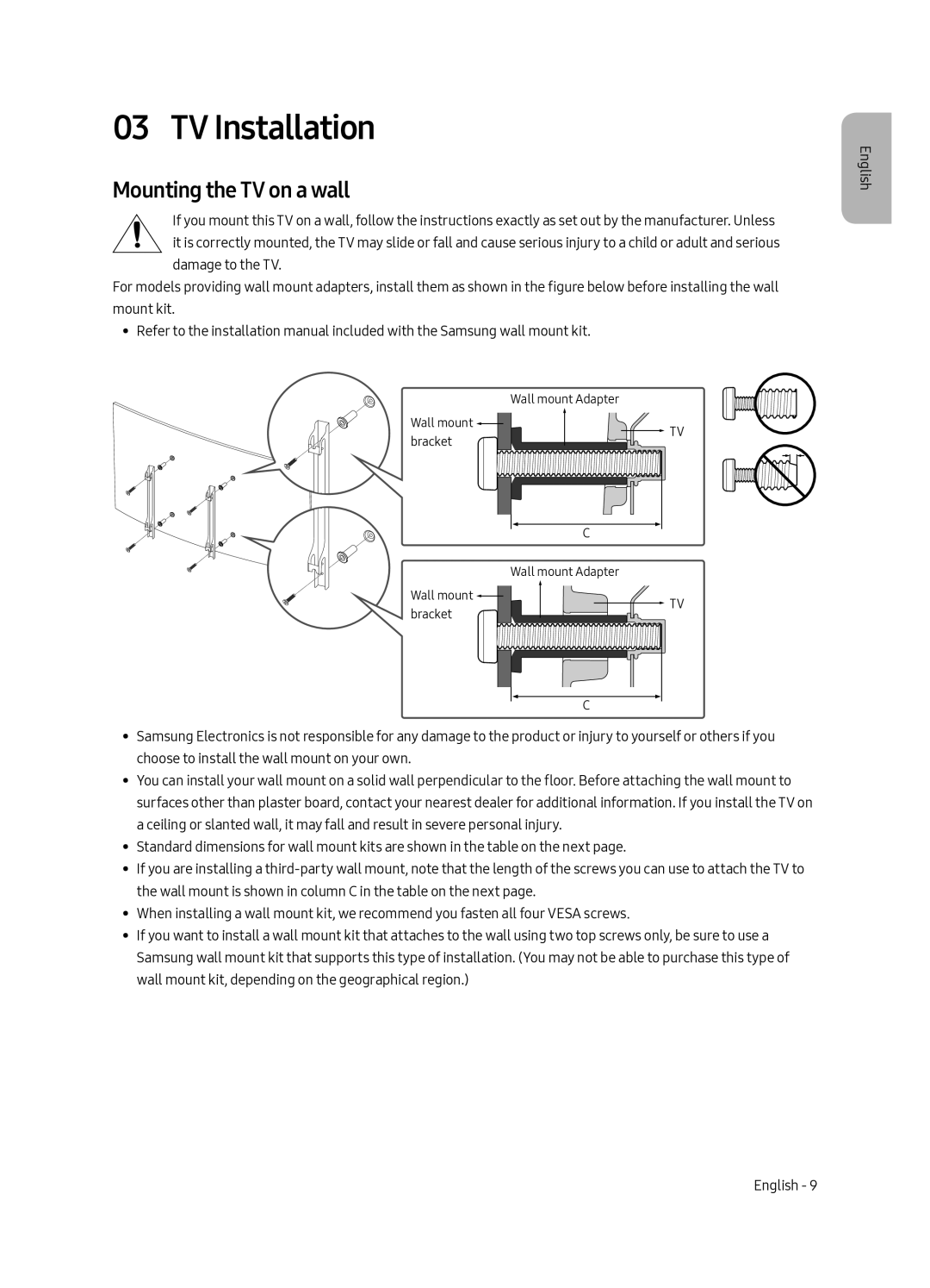 Samsung QA55Q7CAMRXUM, QA65Q7CAMRXUM manual TV Installation, Mounting the TV on a wall 