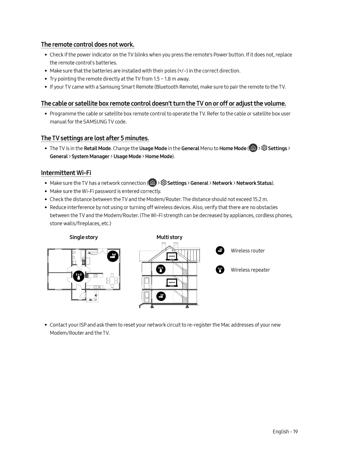 Samsung QA55Q7FAMKXXV manual Remote control does not work, TV settings are lost after 5 minutes, Intermittent Wi-Fi 