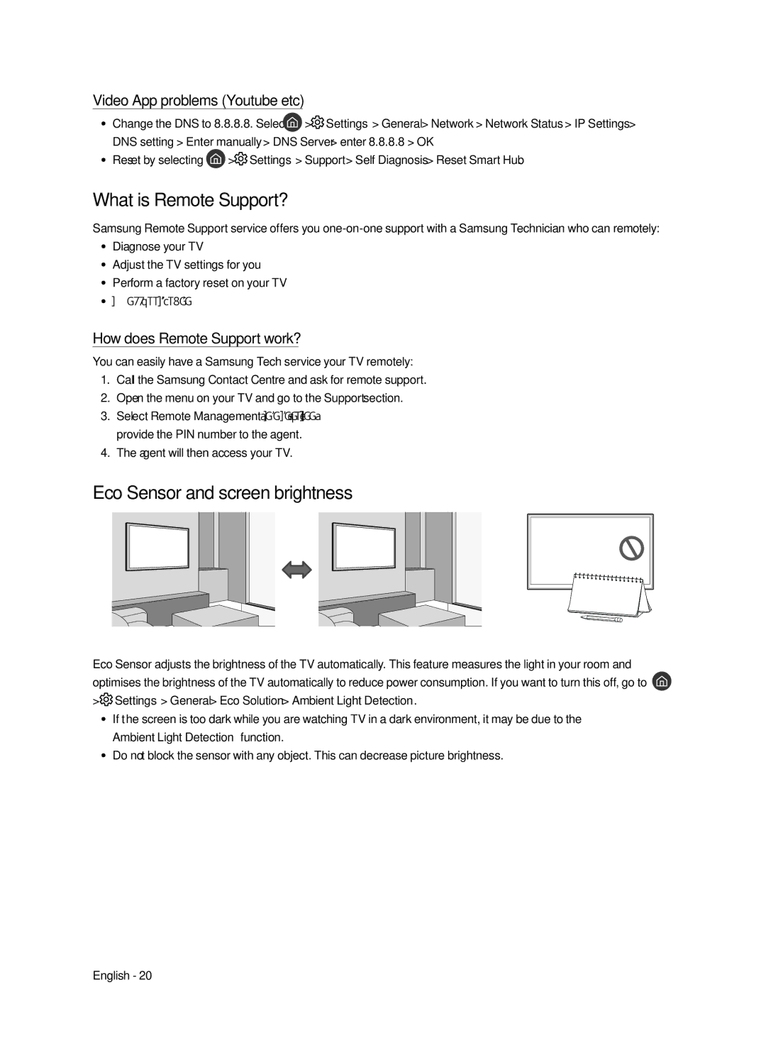 Samsung QA65Q7FAMKXXV manual What is Remote Support?, Eco Sensor and screen brightness, Video App problems Youtube etc 