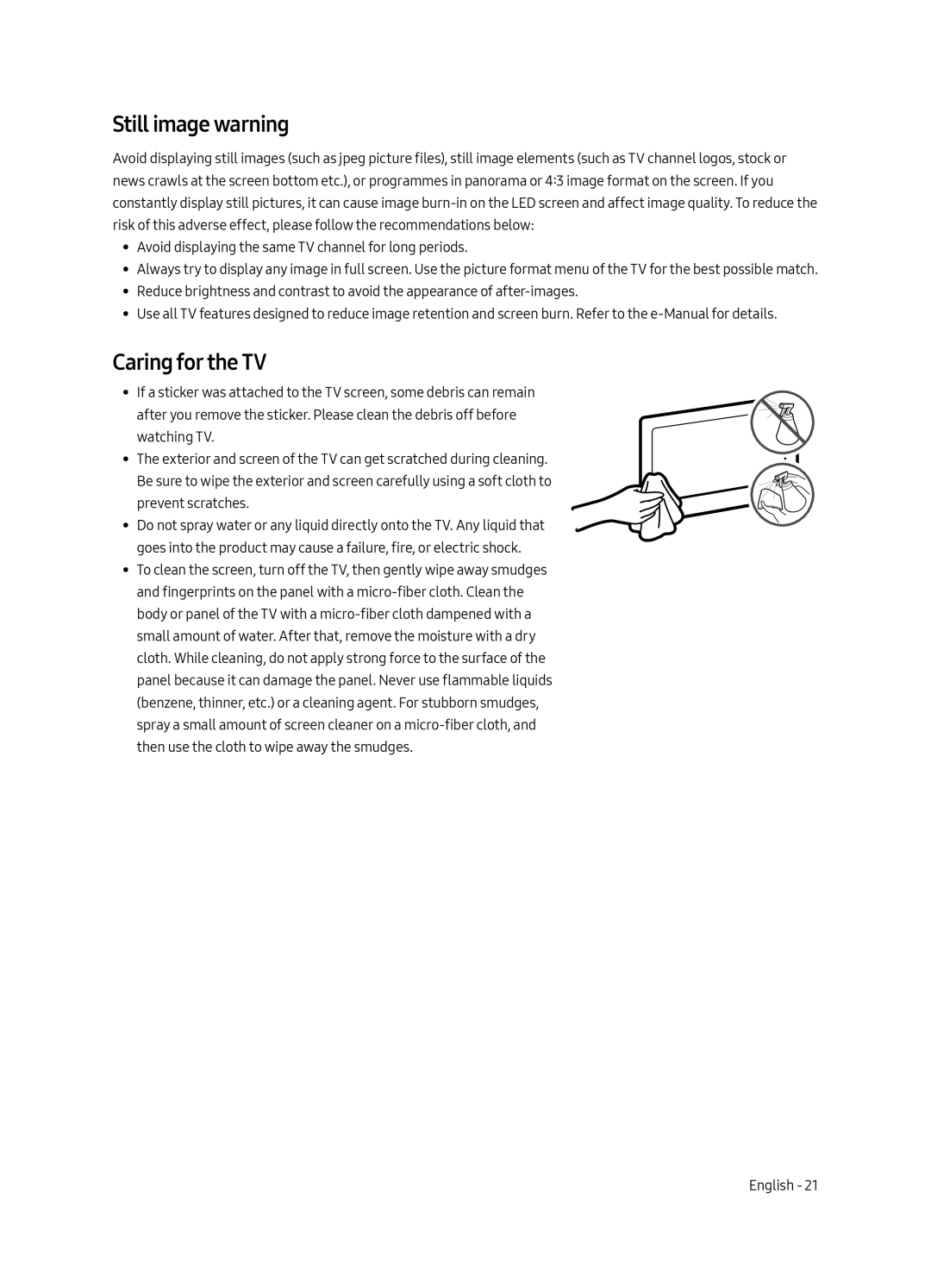 Samsung QA75Q7FAMKXXV, QA65Q7FAMKXXV, QA49Q7FAMKXXV, QA55Q7FAMKXXV manual Still image warning, Caring for the TV 