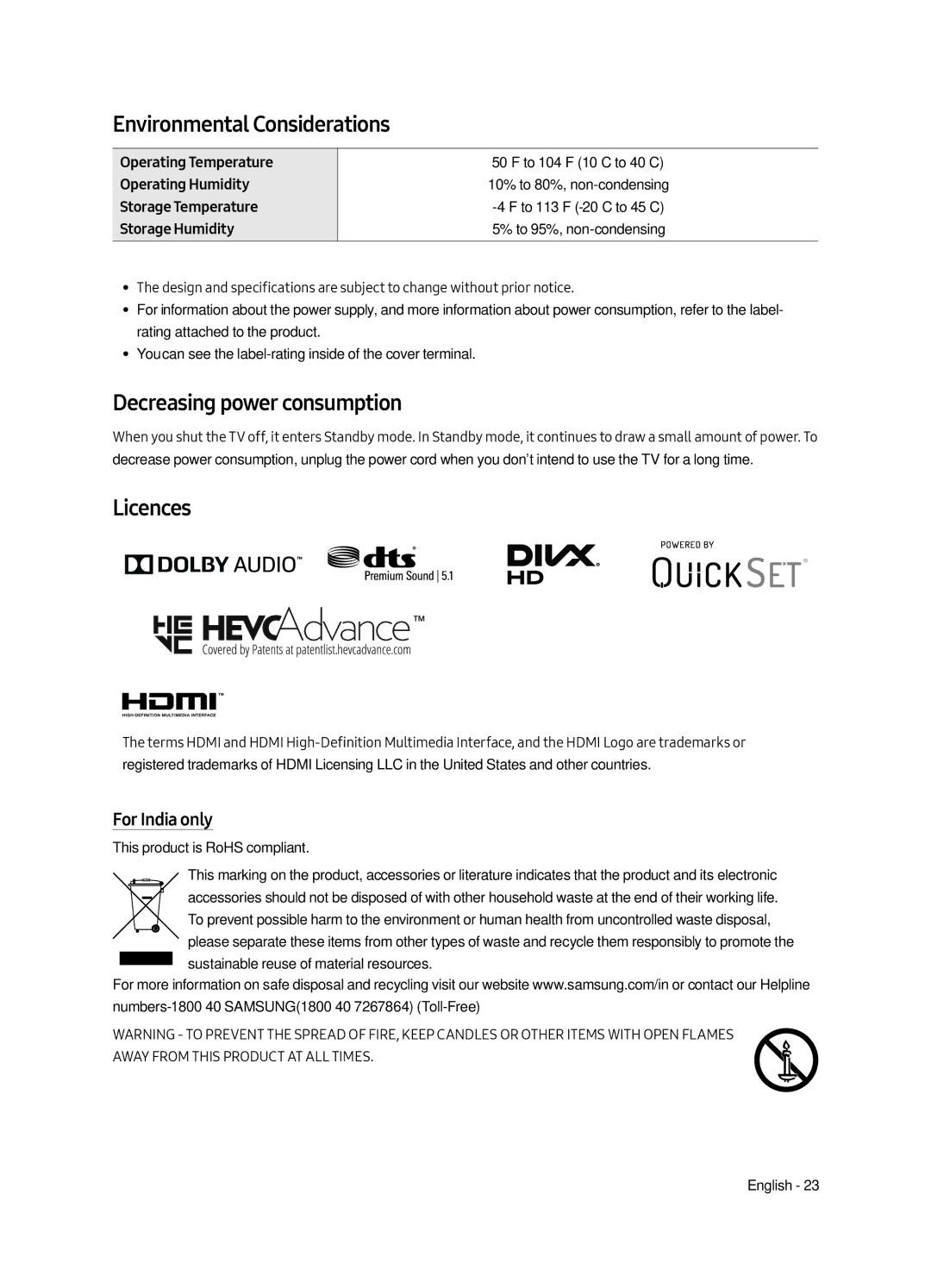 Samsung QA55Q7FAMKXXV, QA65Q7FAMKXXV Environmental Considerations, Decreasing power consumption, Licences, For India only 