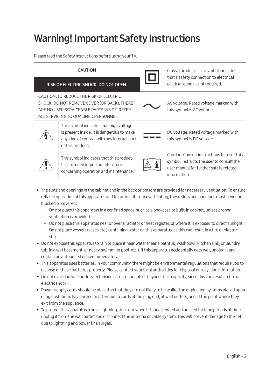 Samsung QA55Q7FAMKXXV, QA65Q7FAMKXXV, QA75Q7FAMKXXV, QA49Q7FAMKXXV manual Risk of Electric SHOCK. do not Open 