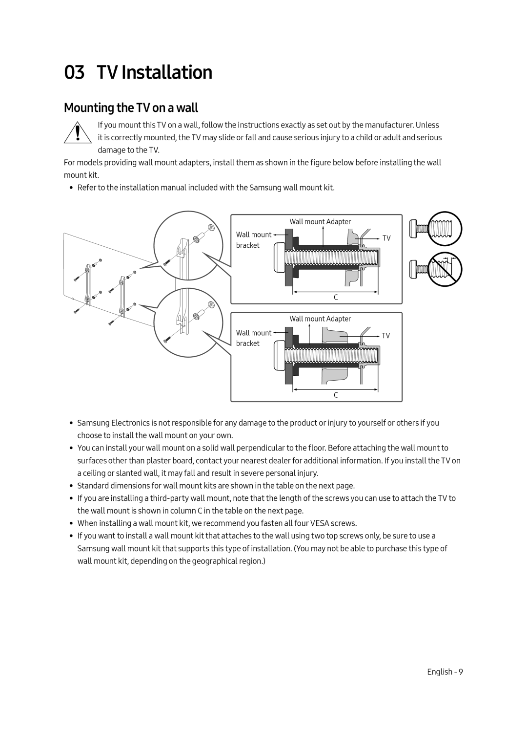 Samsung QA75Q7FAMKXXV, QA65Q7FAMKXXV, QA49Q7FAMKXXV, QA55Q7FAMKXXV manual TV Installation, Mounting the TV on a wall 