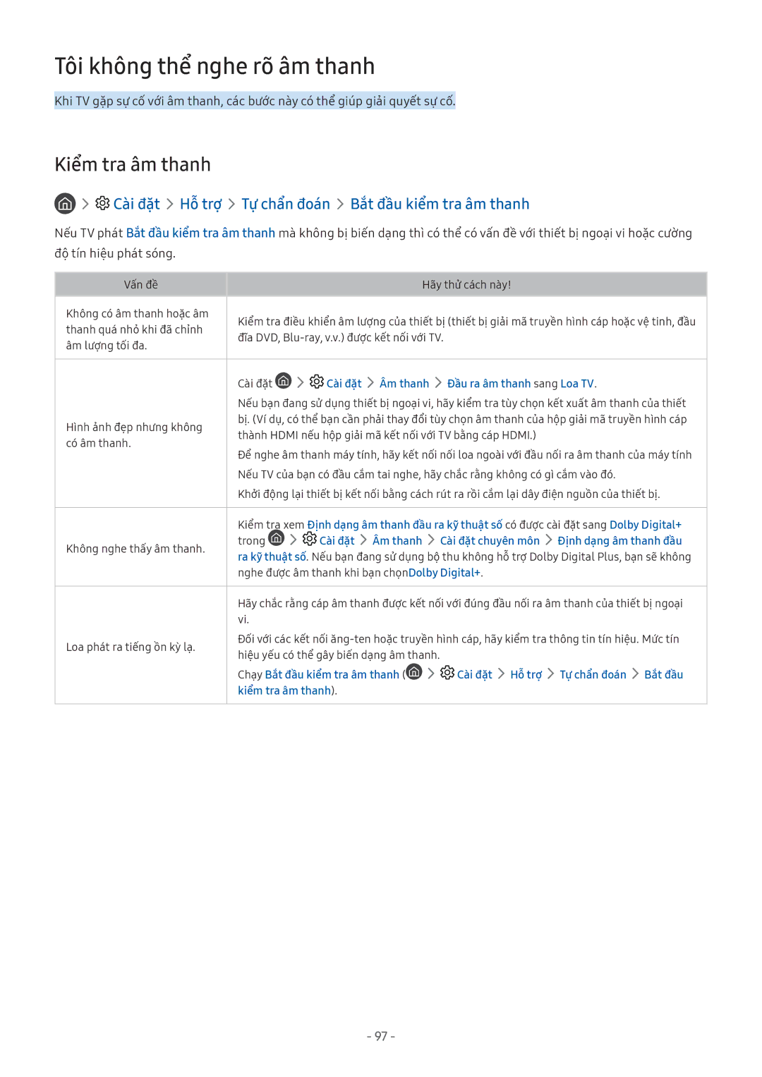 Samsung UA75MU6103KXXV, QA65Q7FAMKXXV, QA75Q7FAMKXXV, QA75Q9FAMKXXV manual Tôi không thể nghe rõ âm thanh, Kiểm tra âm thanh 
