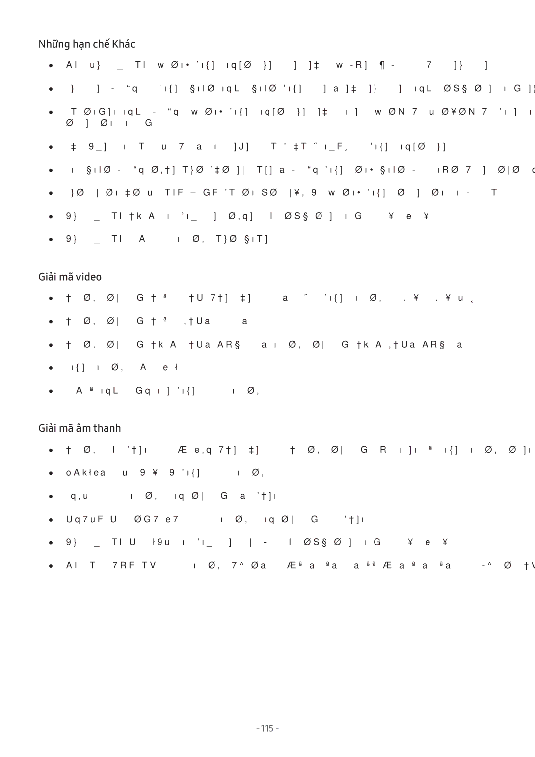 Samsung UA75MU7000KXXV, QA65Q7FAMKXXV, QA75Q7FAMKXXV, QA75Q9FAMKXXV manual Những hạn chế Khác, Giải mã video, Giải mã âm thanh 