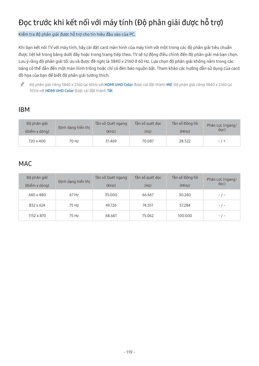 Samsung UA50MU6100KXXV, QA65Q7FAMKXXV, QA75Q7FAMKXXV manual Đọc trước khi kết nối với máy tính Độ phân giải được hỗ trợ 