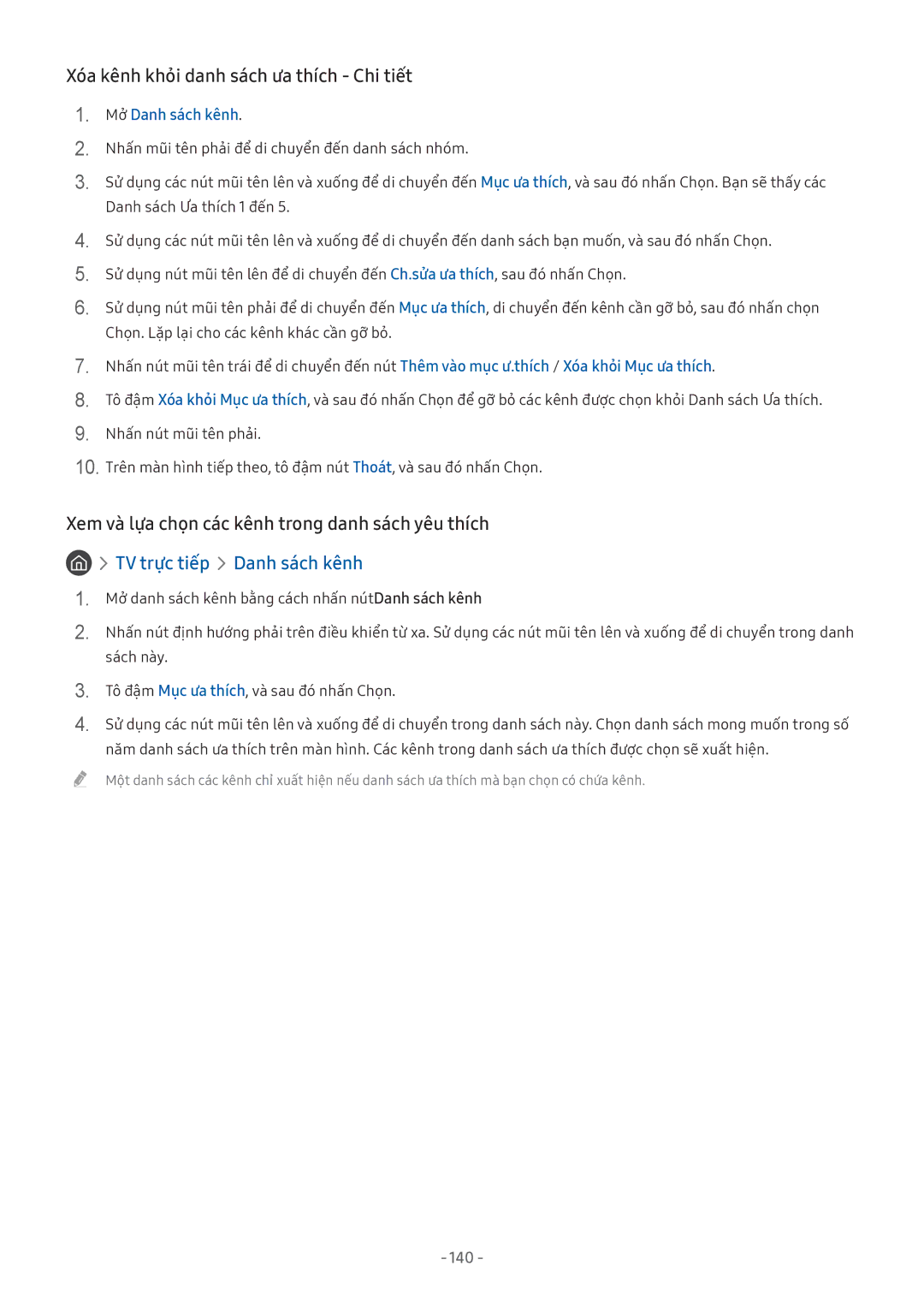 Samsung UA50MU6150KXXV manual Xóa kênh khỏi danh sách ưa thích Chi tiết, Xem và lựa chọn các kênh trong danh sách yêu thích 