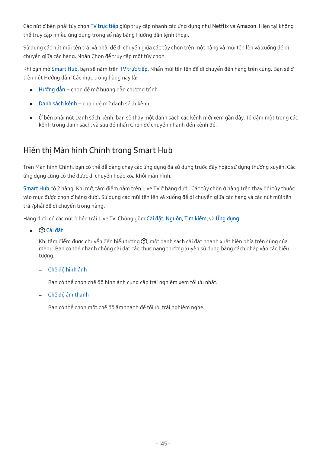 Samsung QA55Q8CAMKXXV, QA65Q7FAMKXXV, QA75Q7FAMKXXV, QA75Q9FAMKXXV manual Hiển thị Màn hình Chính trong Smart Hub, 145 