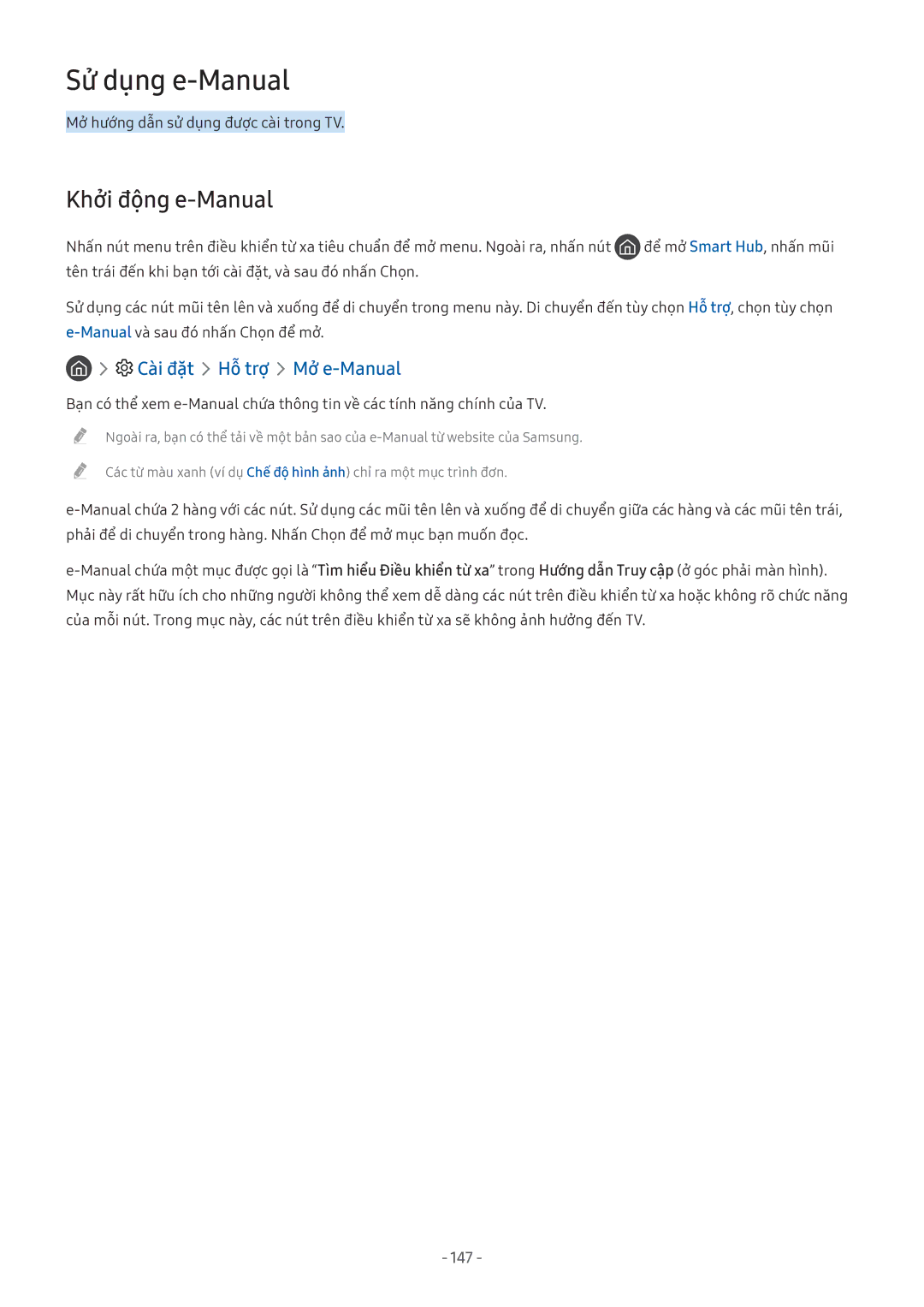 Samsung UA49MU6100KXXV manual Khởi động e-Manual, Mở hướng dẫn sử dụng được cài trong TV, Để mở Smart Hub, nhấn mũi 