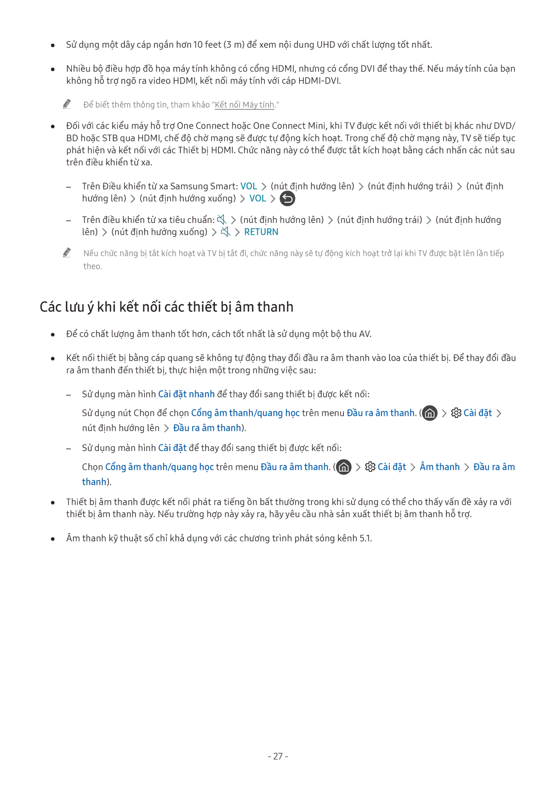 Samsung UA55MU6103KXXV, QA65Q7FAMKXXV, QA75Q7FAMKXXV, QA75Q9FAMKXXV manual Các lưu ý khi kết nối các thiết bị âm thanh 