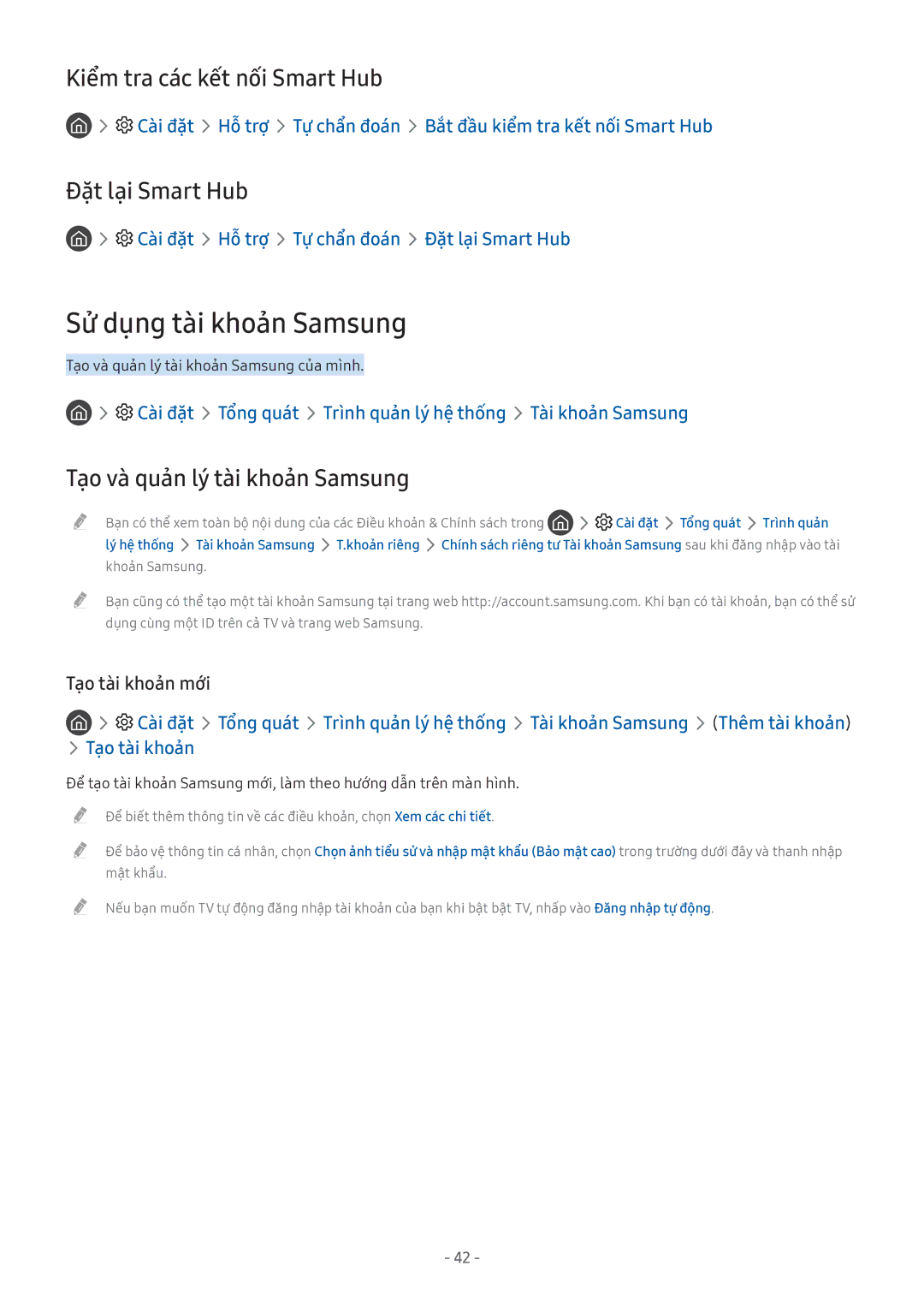 Samsung UA65MU6103KXXV, QA65Q7FAMKXXV manual Sử dụng tài khoản Samsung, Kiểm tra các kết nối Smart Hub, Đặ̣t lại Smart Hub 