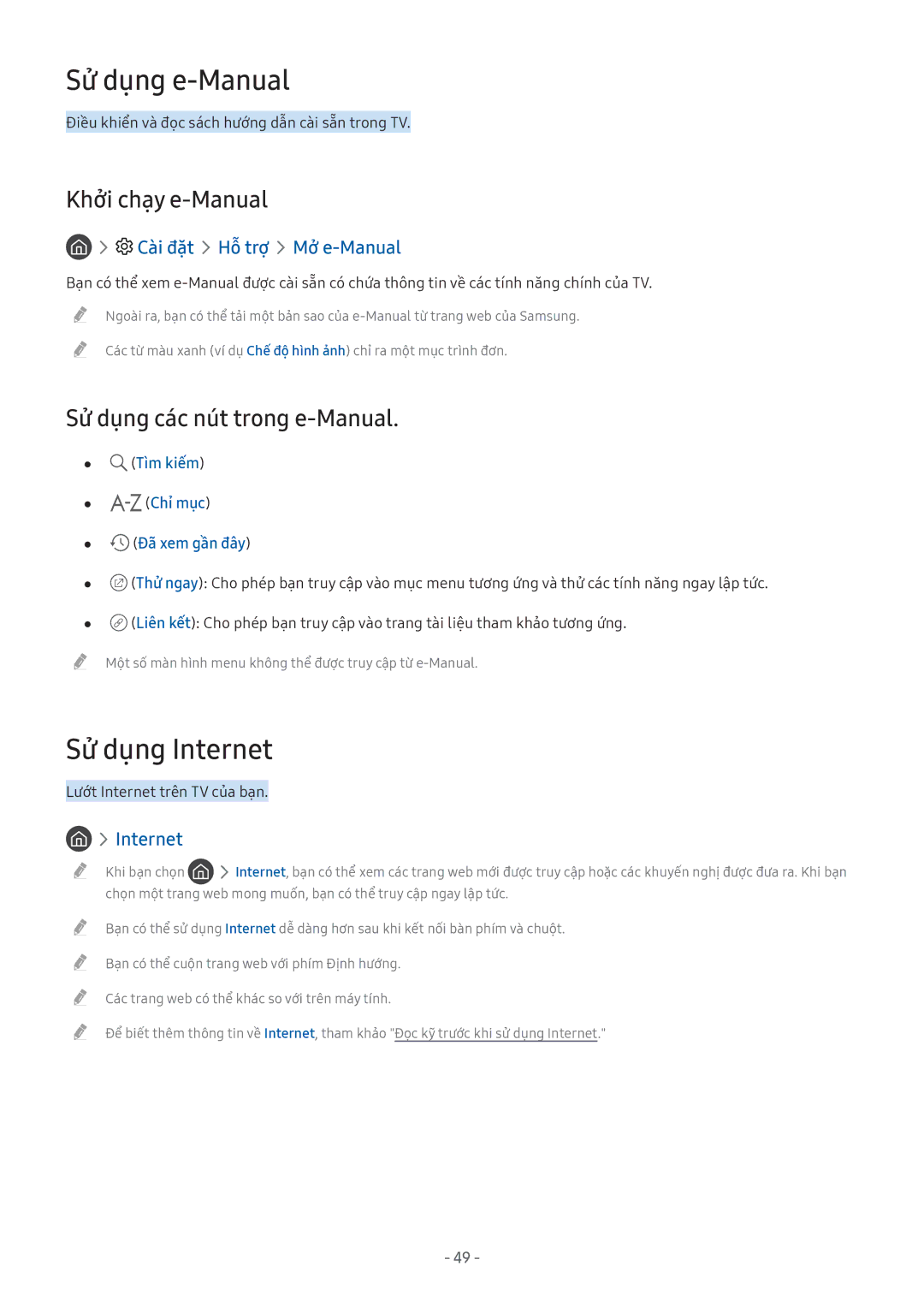 Samsung QA75Q9FAMKXXV manual Sử dụng e-Manual, Sử dụng Internet, Khởi chạy e-Manual, Sử dụng các nút trong e-Manual 