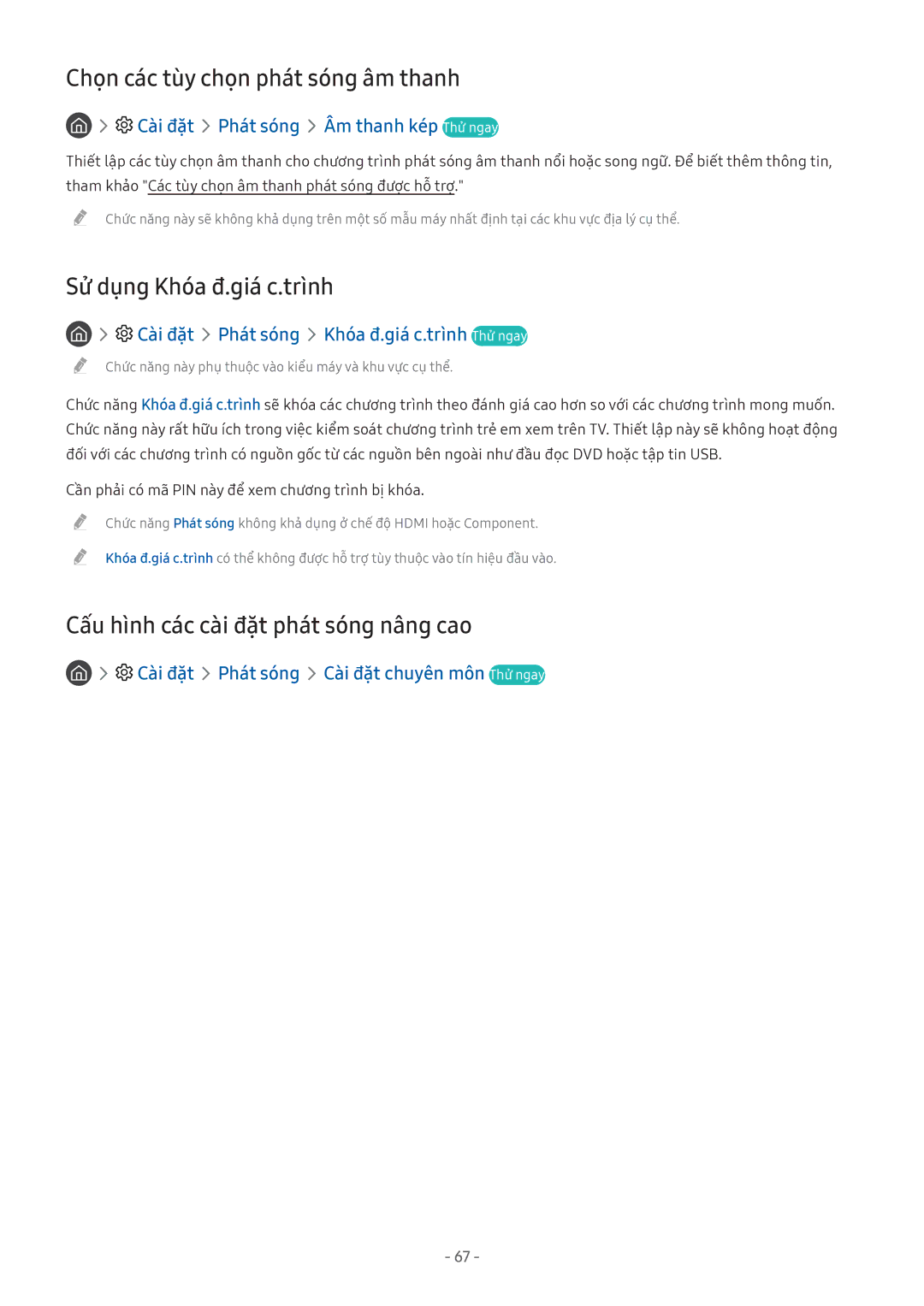 Samsung UA55MU6303KXXV, QA65Q7FAMKXXV, QA75Q7FAMKXXV manual Chọn các tù̀y chọn phát sóng âm thanh, Sử dụng Khóa đ.giá c.trình 