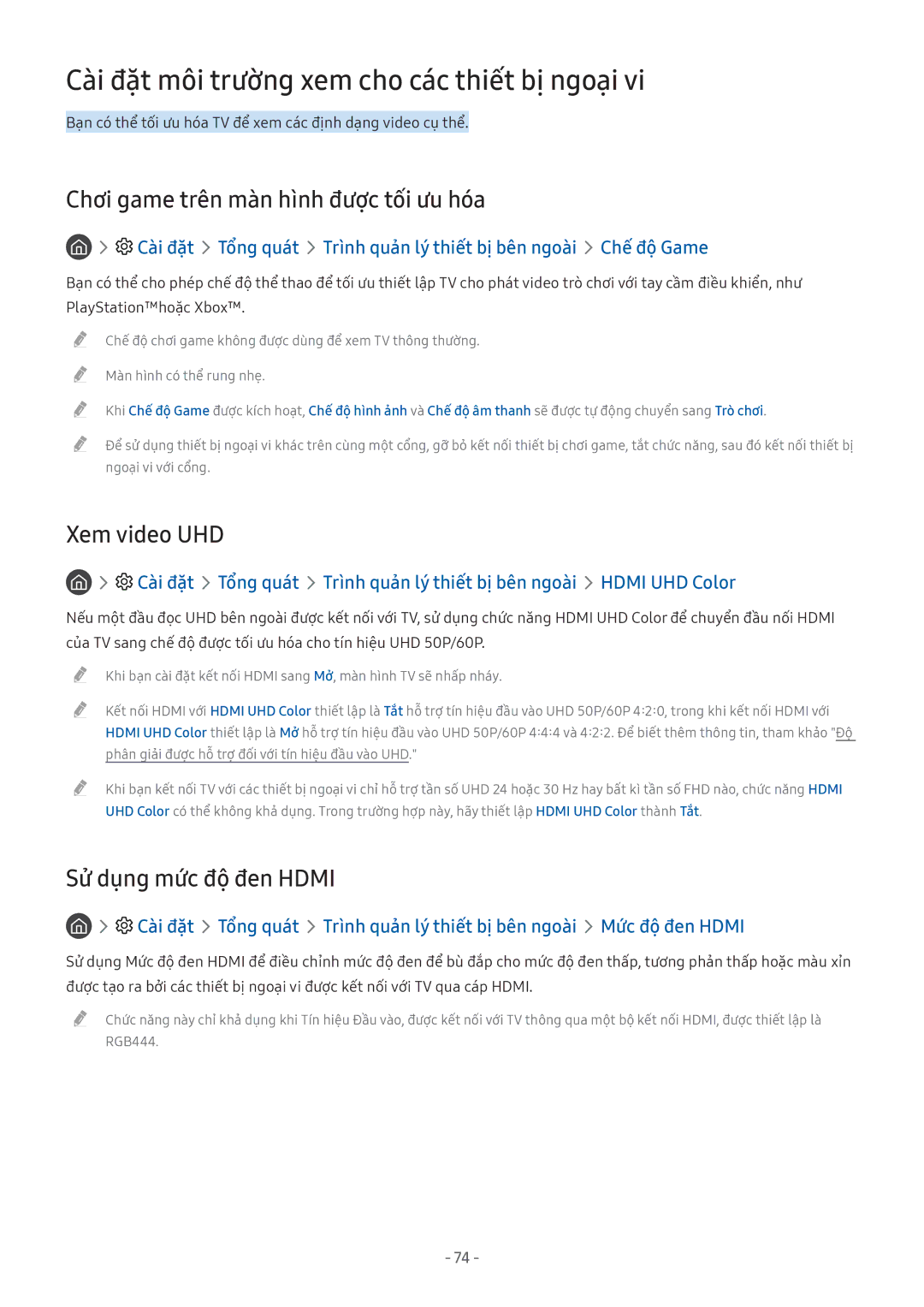 Samsung UA55MU6500KXXV manual Cài đặ̣t môi trường xem cho các thiết bị ngoại, Chơi game trên màn hình được tối ưu hóa 