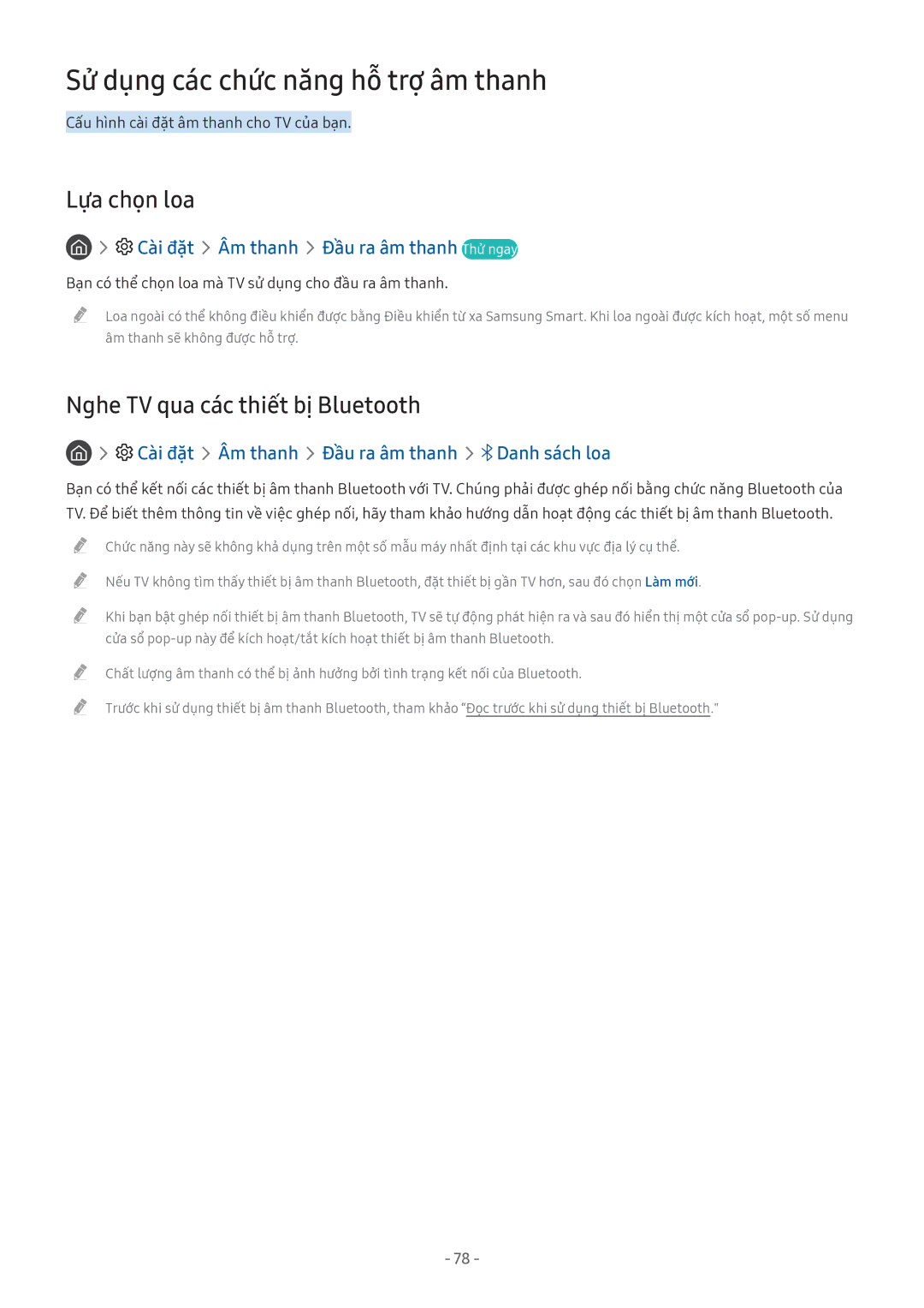 Samsung UA50MU6153KXXV manual Sử dụng các chức năng hỗ trợ âm thanh, Lựa chọn loa, Nghe TV qua các thiết bị Bluetooth 