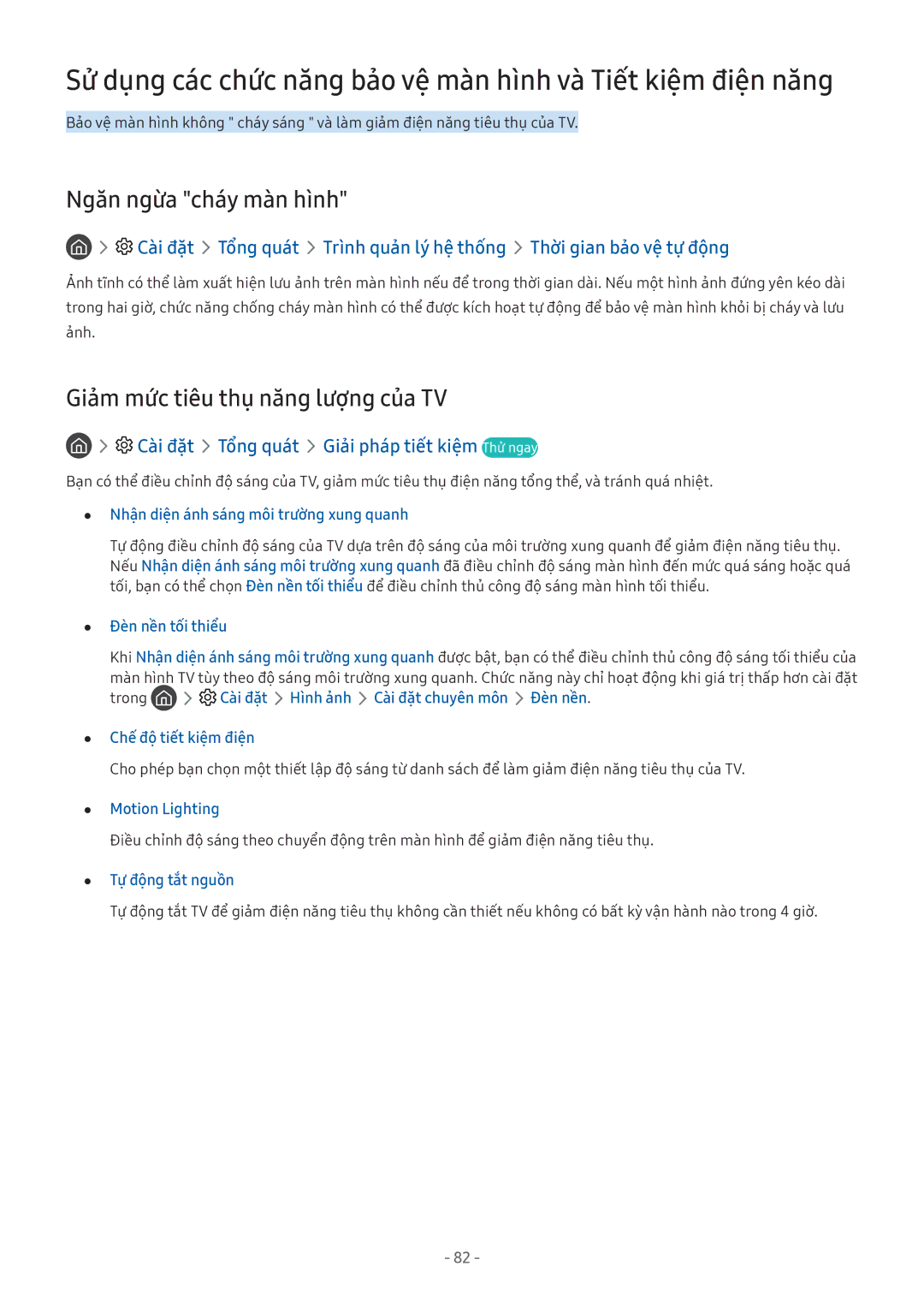 Samsung UA49MU6103KXXV, QA65Q7FAMKXXV, QA75Q7FAMKXXV manual Ngăn ngừa cháy màn hình, Giảm mức tiêu thụ năng lượng của TV 