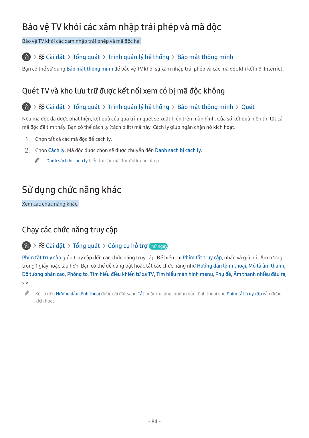 Samsung UA40MU6100KXXV, QA65Q7FAMKXXV manual Bảo vệ TV khỏi các xâm nhập trái phép và mã độc, Sử dụng chức năng khác 