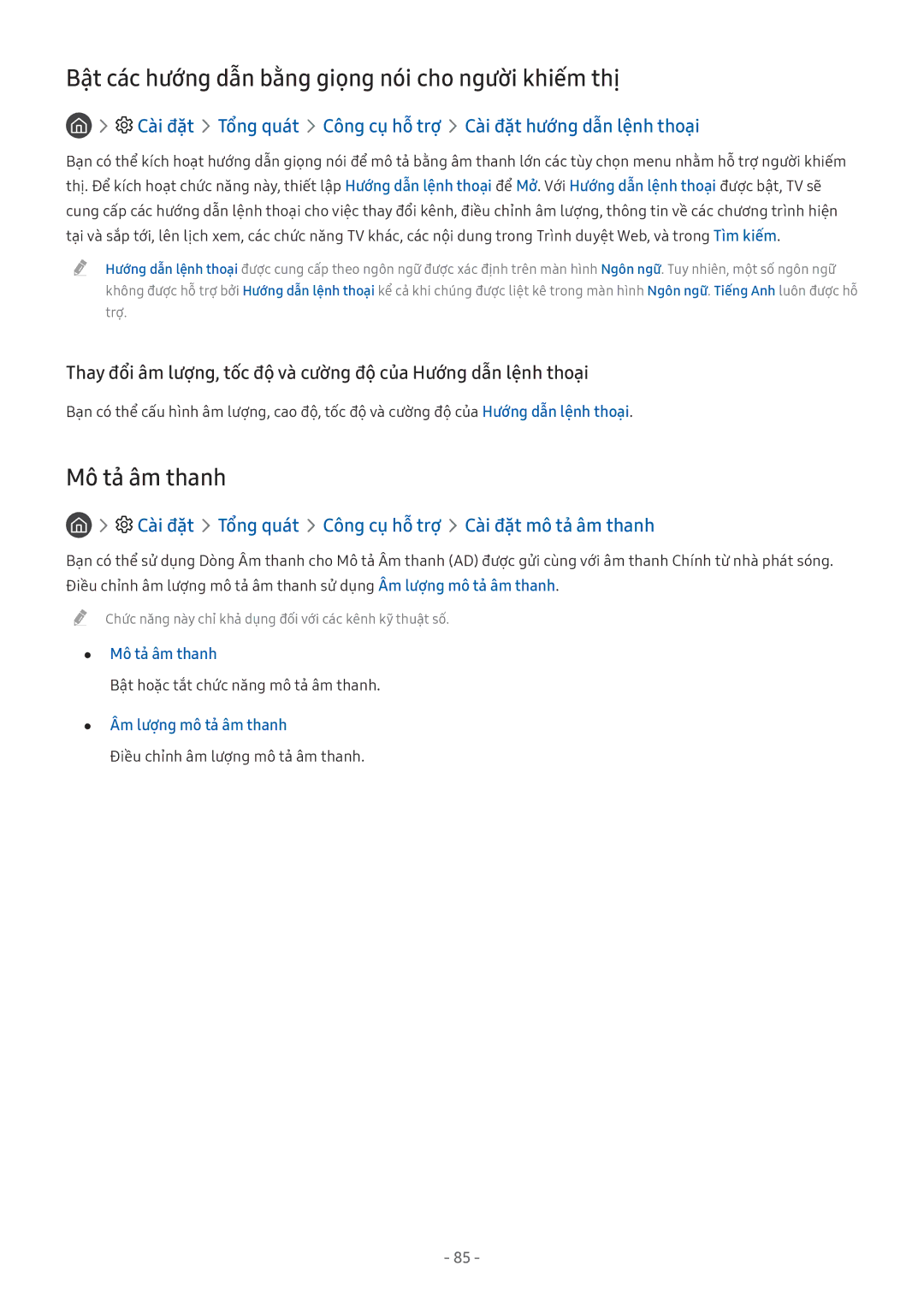Samsung UA43MU6100KXXV manual Bật các hướng dẫn bằng giọng nói cho người khiếm thị, Mô tả âm thanh, Âm lượng mô tả âm thanh 