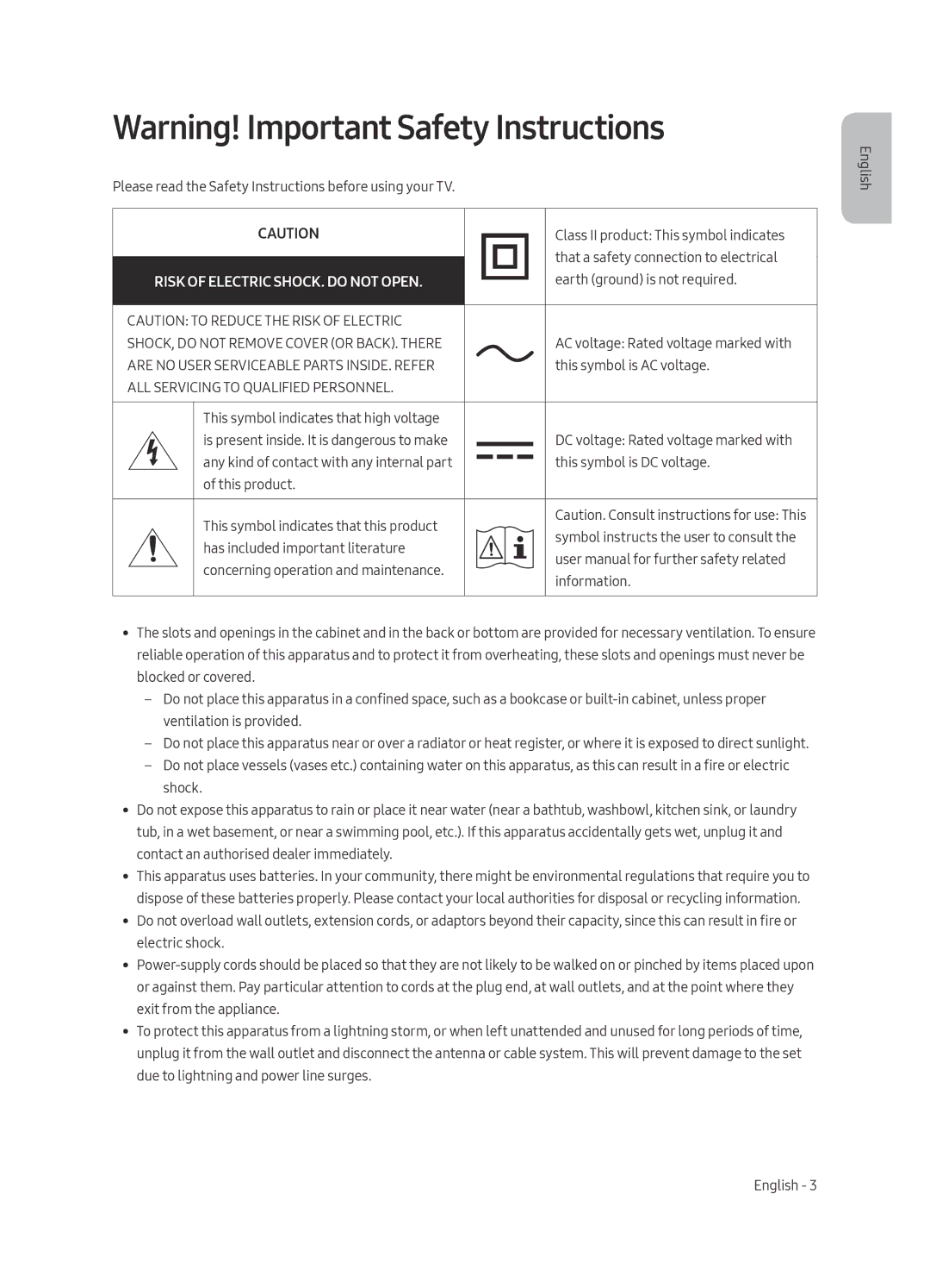 Samsung QA65Q7FAMRXUM, QA75Q7FAMRXUM, QA55Q7FAMRXUM manual Risk of Electric SHOCK. do not Open 