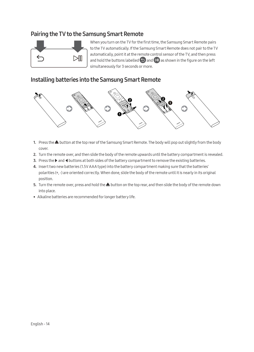 Samsung QA55Q8CAMKXXV manual Pairing the TV to the Samsung Smart Remote, Installing batteries into the Samsung Smart Remote 