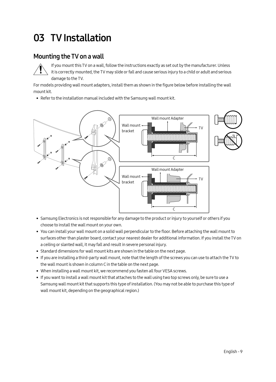 Samsung QA65Q8CAMKXXV, QA75Q8CAMKXXV, QA55Q8CAMKXXV manual TV Installation, Mounting the TV on a wall 