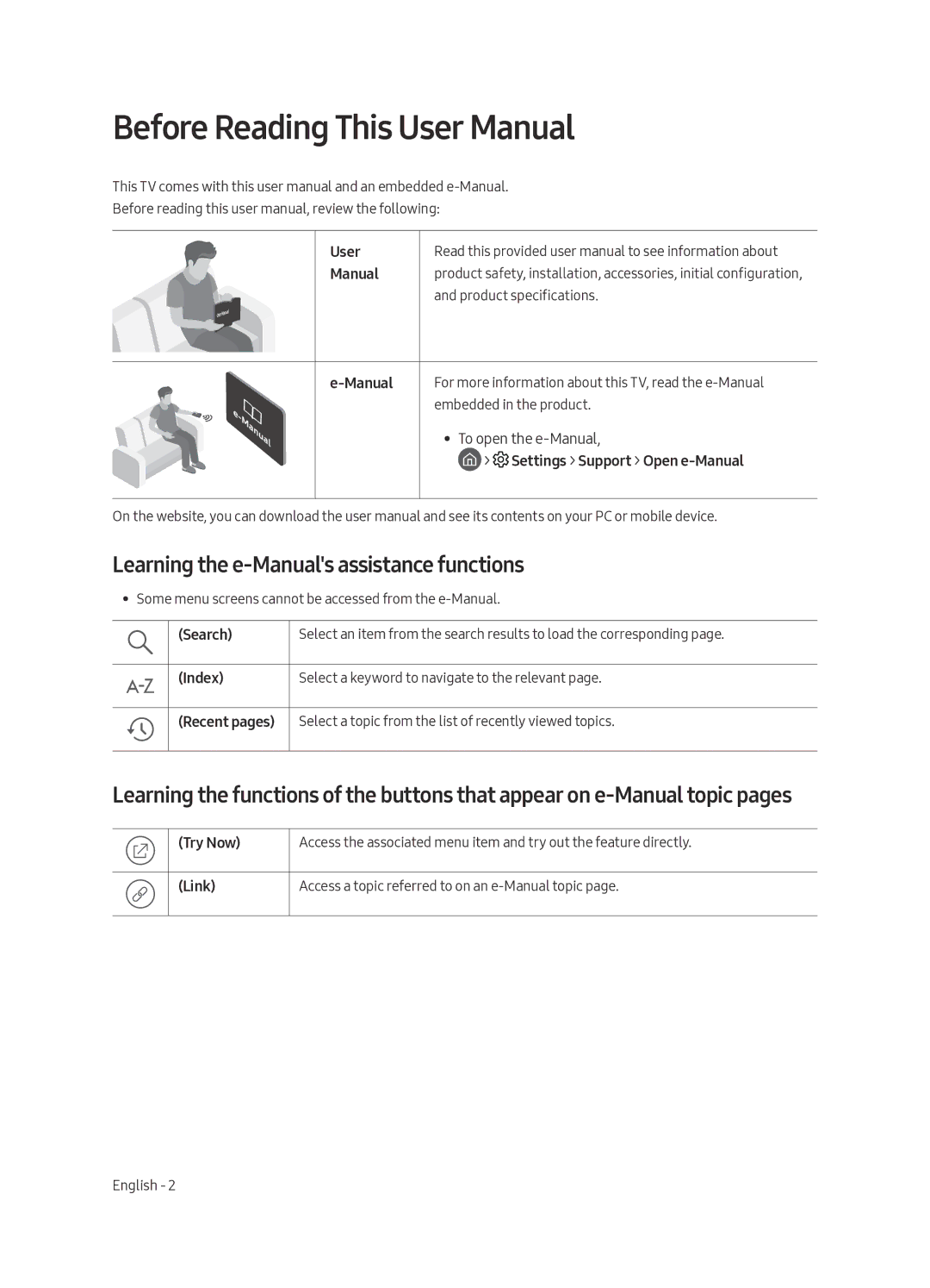 Samsung QA65Q8CAMRXUM, QA75Q8CAMRXUM manual Learning the e-Manuals assistance functions, Embedded in the product 