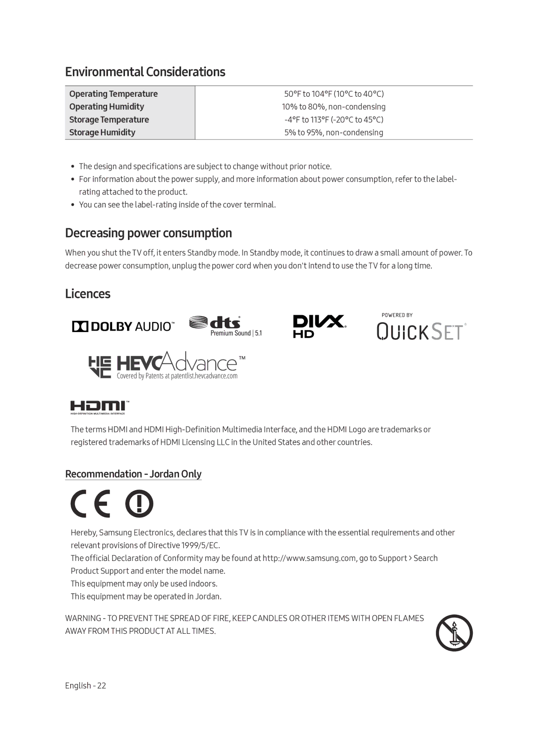 Samsung QA65Q8CAMRXUM Environmental Considerations, Decreasing power consumption, Licences, Recommendation Jordan Only 