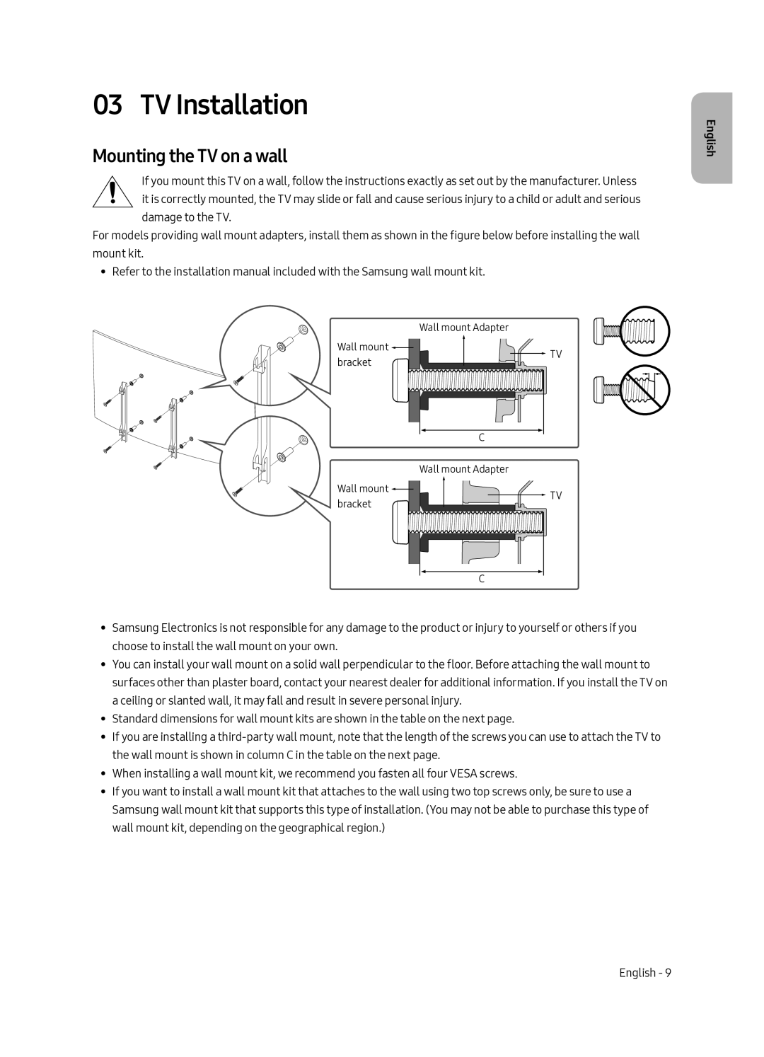 Samsung QA75Q8CAMRXUM, QA65Q8CAMRXUM manual TV Installation, Mounting the TV on a wall 