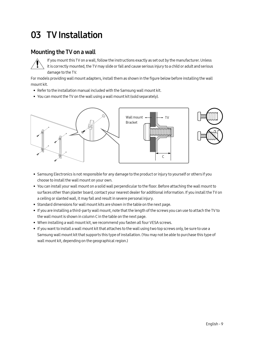 Samsung QA65Q9FAMKXXV, QA75Q9FAMKXXV manual TV Installation, Mounting the TV on a wall 