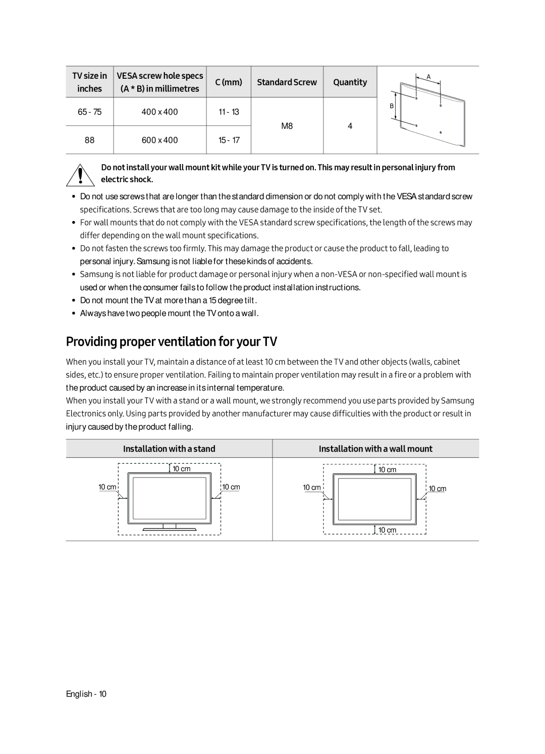 Samsung QA88Q9FAMKXXV manual Providing proper ventilation for your TV 