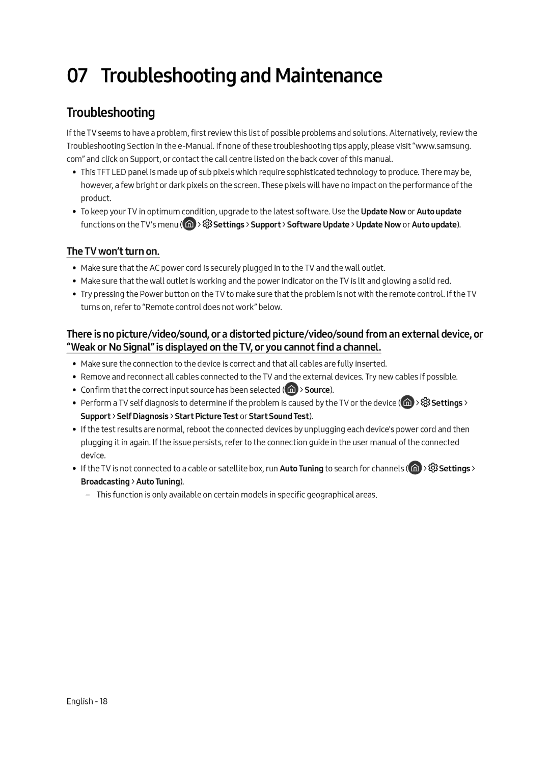 Samsung QA88Q9FAMKXXV manual Troubleshooting and Maintenance, TV won’t turn on 