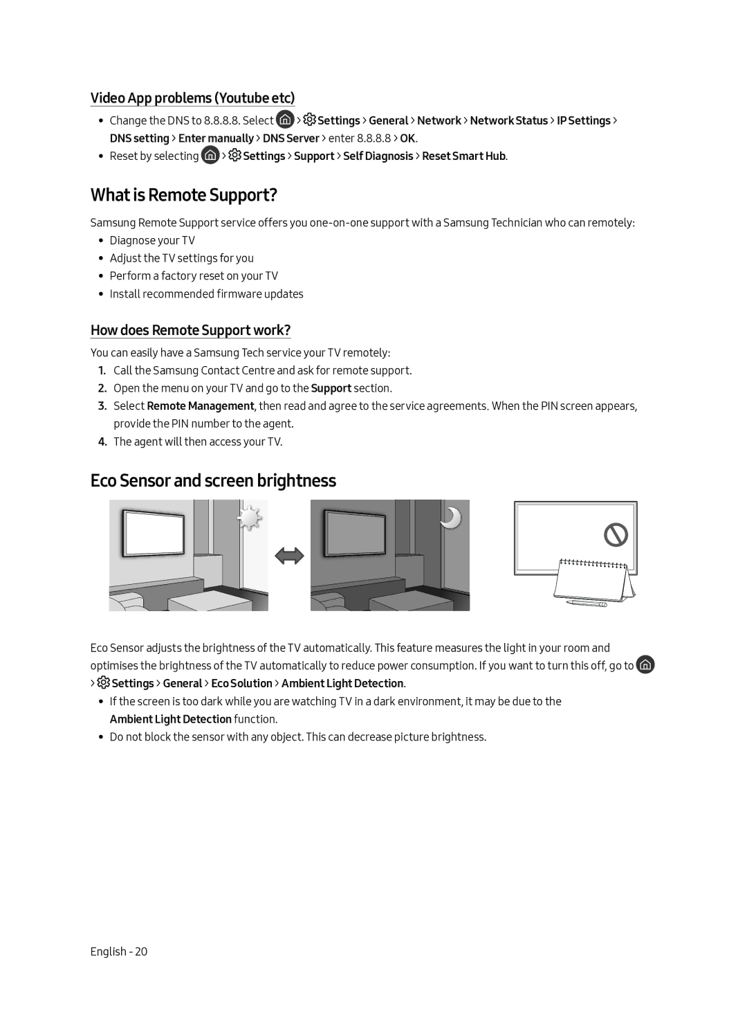 Samsung QA88Q9FAMKXXV manual What is Remote Support?, Eco Sensor and screen brightness, Video App problems Youtube etc 