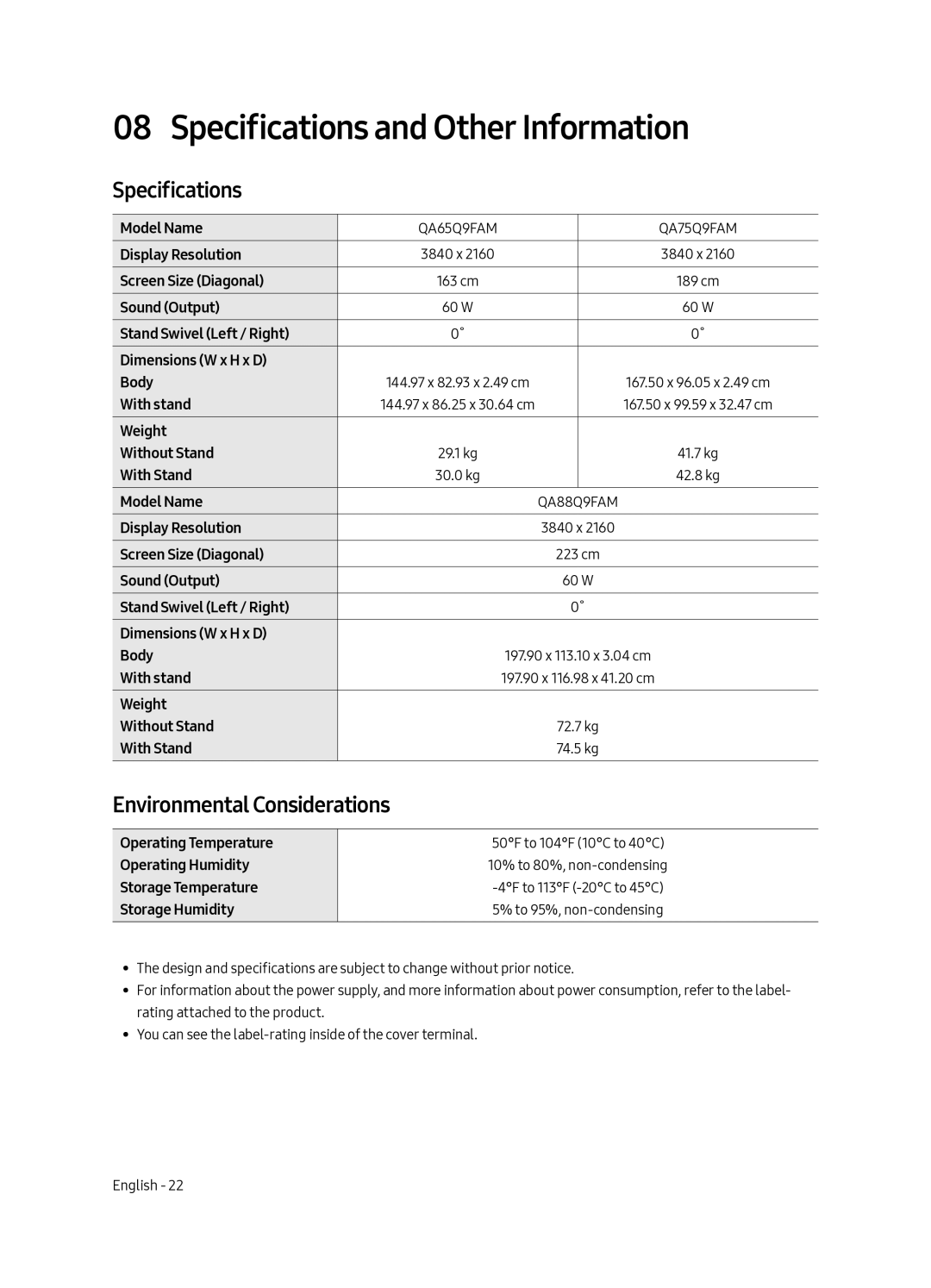 Samsung QA88Q9FAMKXXV manual Specifications and Other Information, Environmental Considerations 