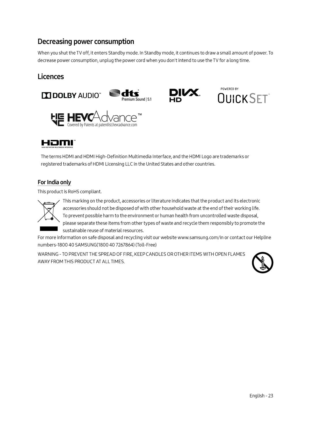 Samsung QA88Q9FAMKXXV manual Decreasing power consumption, Licences, For India only 