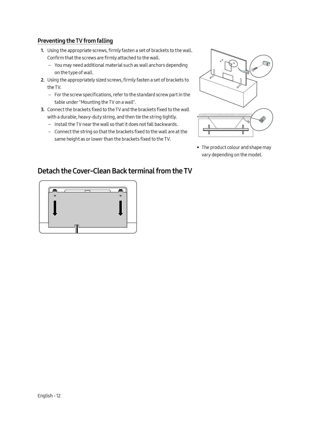 Samsung QA88Q9FAMRXUM manual Detach the Cover-Clean Back terminal from the TV, Preventing the TV from falling 