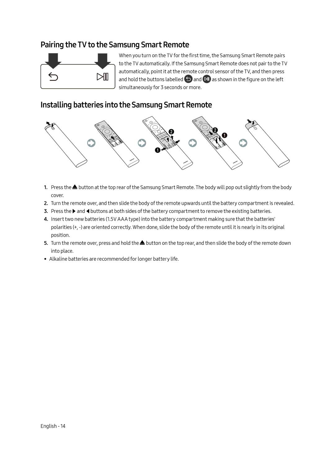 Samsung QA88Q9FAMRXUM manual Pairing the TV to the Samsung Smart Remote, Installing batteries into the Samsung Smart Remote 