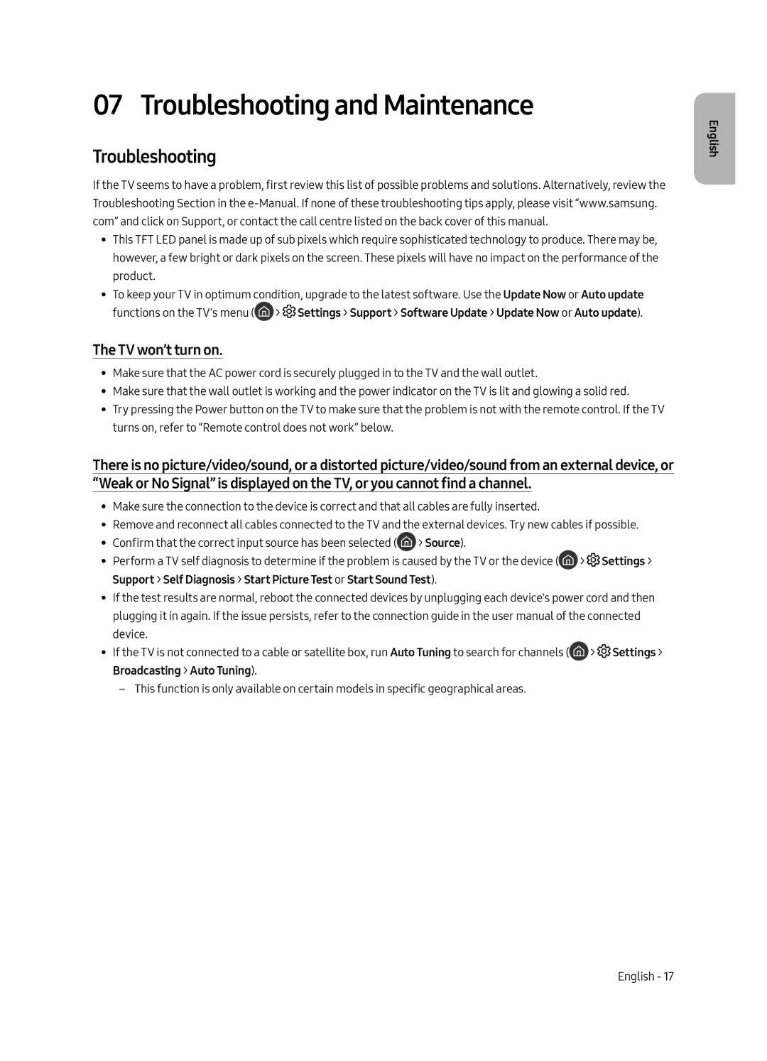 Samsung QA88Q9FAMRXUM manual Troubleshooting and Maintenance, TV won’t turn on 