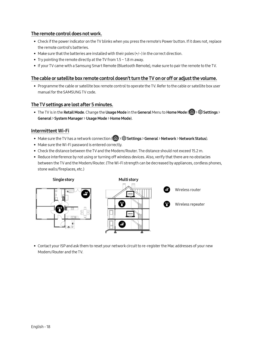 Samsung QA88Q9FAMRXUM manual Remote control does not work, TV settings are lost after 5 minutes, Intermittent Wi-Fi 