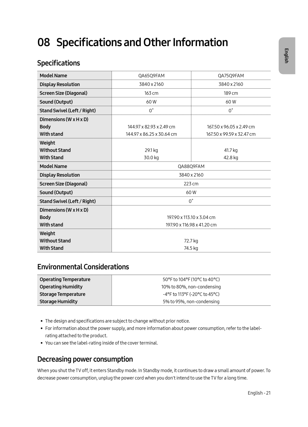 Samsung QA88Q9FAMRXUM Specifications and Other Information, Environmental Considerations, Decreasing power consumption 