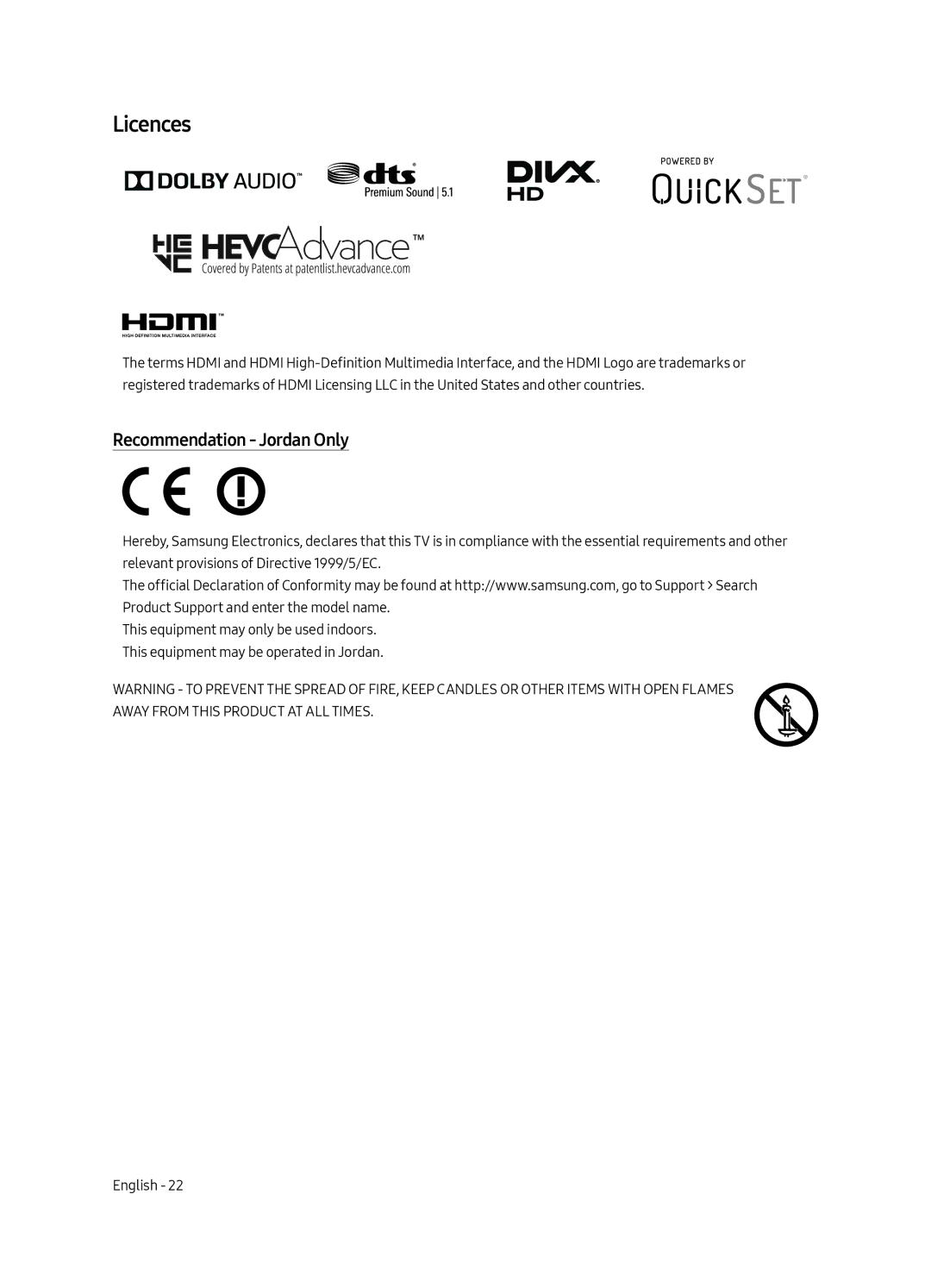 Samsung QA88Q9FAMRXUM manual Licences, Recommendation Jordan Only 